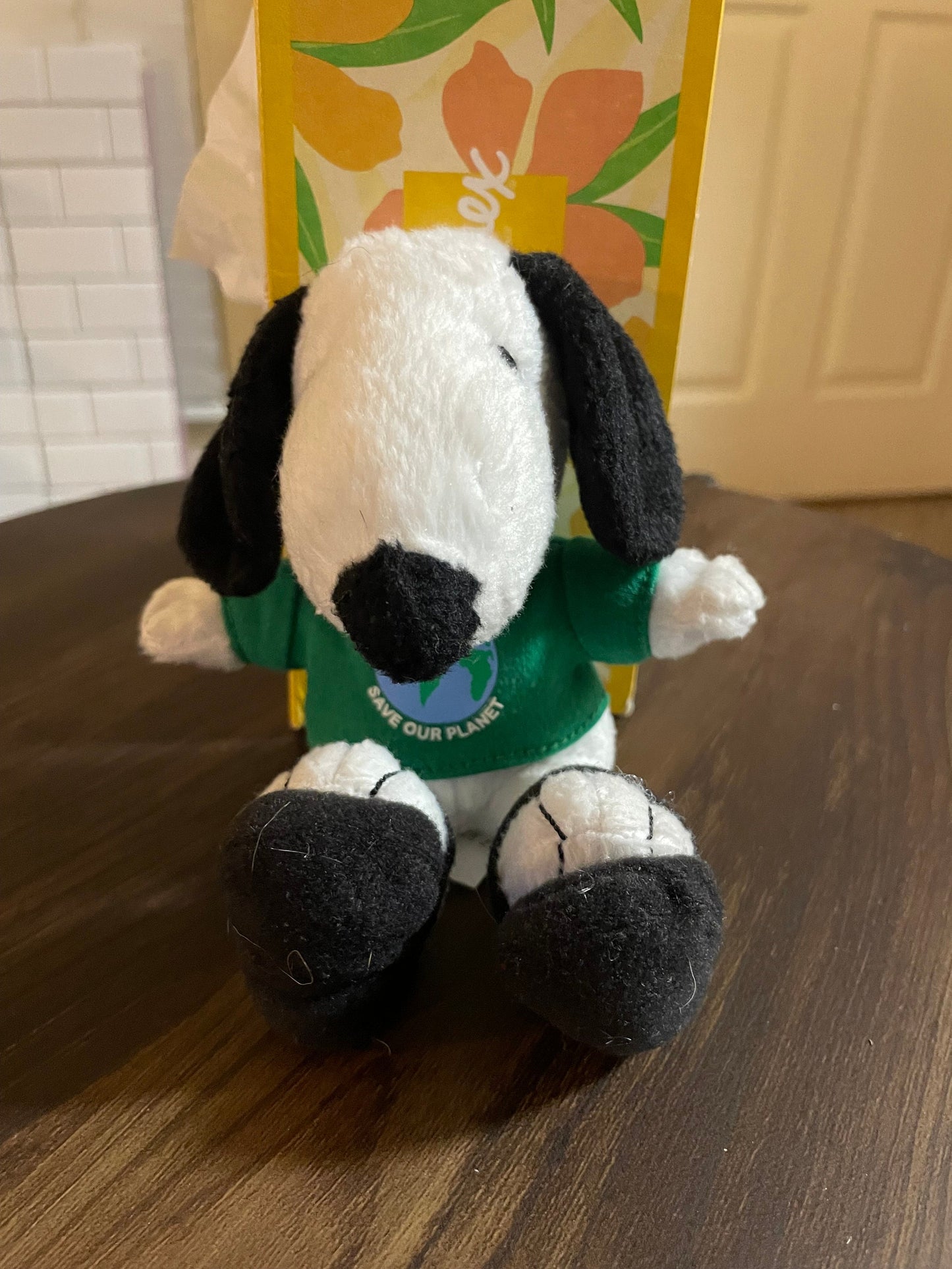 MetLife Save Our Planet Snoopy White Dog Plush. Green Shirt, Black Flip Flops.