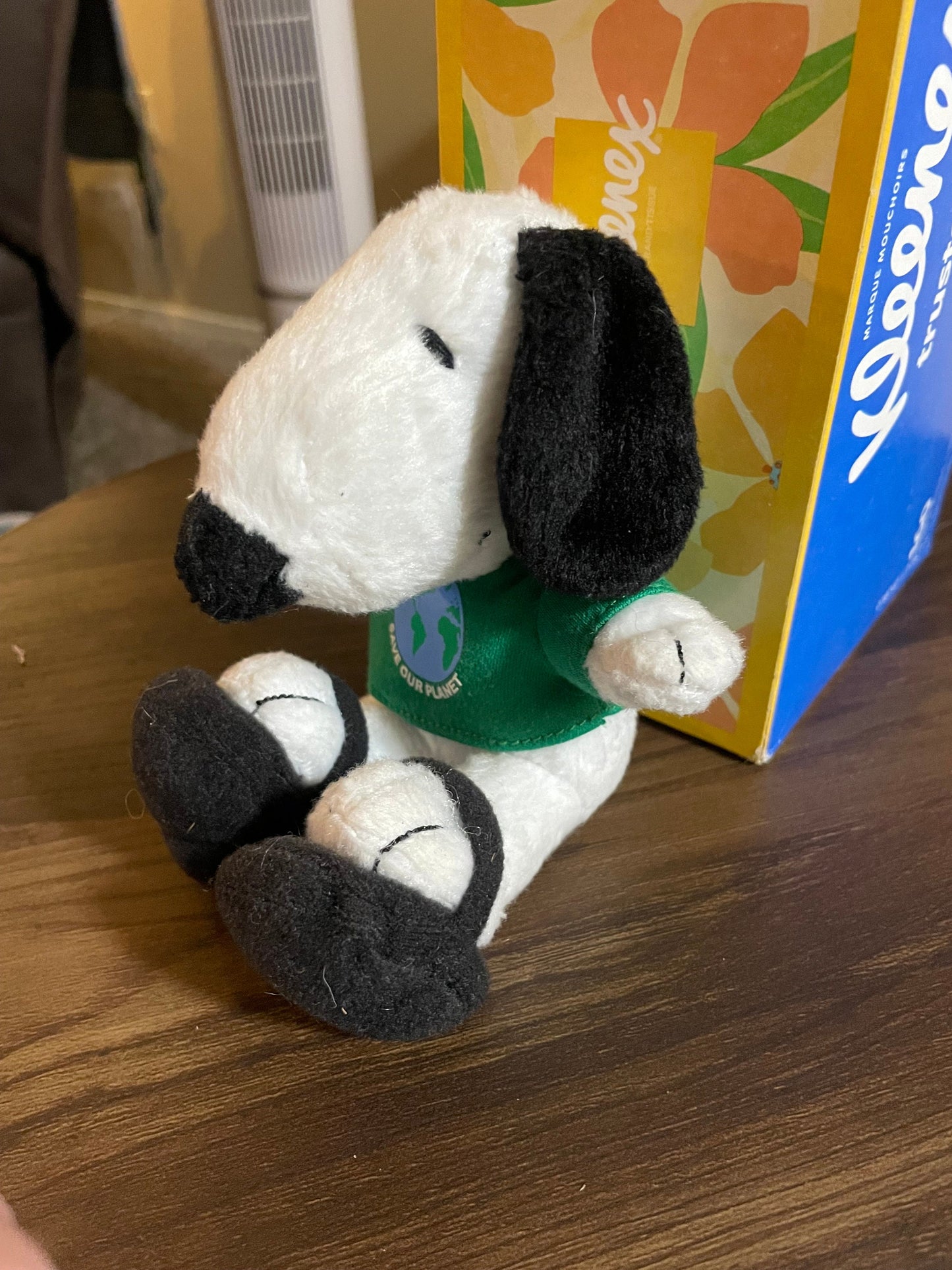 MetLife Save Our Planet Snoopy White Dog Plush. Green Shirt, Black Flip Flops.