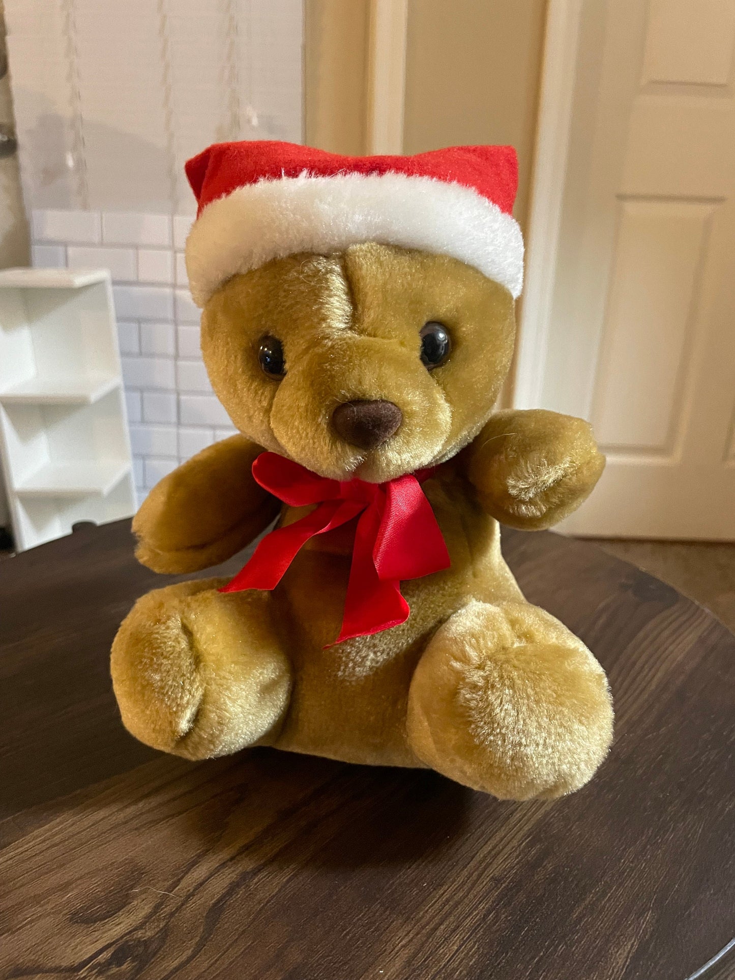 Sasco Brown Christmas Teddy Bear Plush With Red Santa Hat And Red Bow. Medium