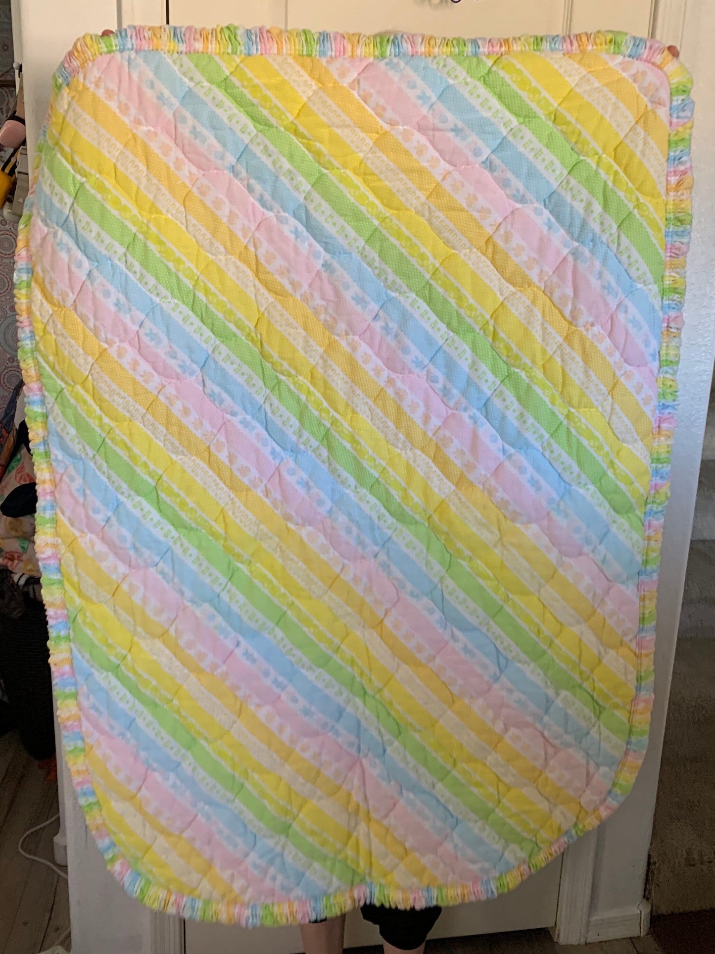 Rare Hallmark Rainbow Baby Quilt with Wide Ruffle Trim Nursery Display Piece 32”x40”