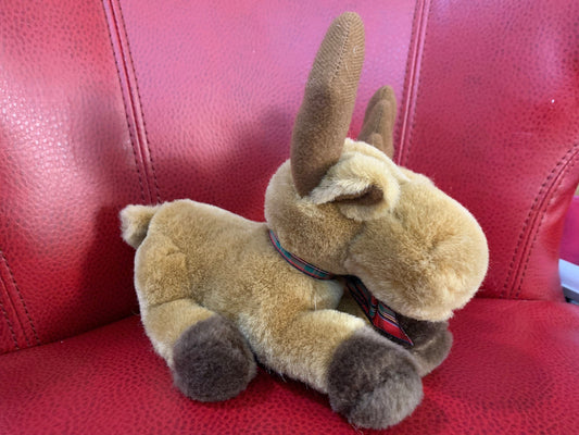 Vintage Fiesta Christmas Moose Plush with Red Plaid Bow, 1995