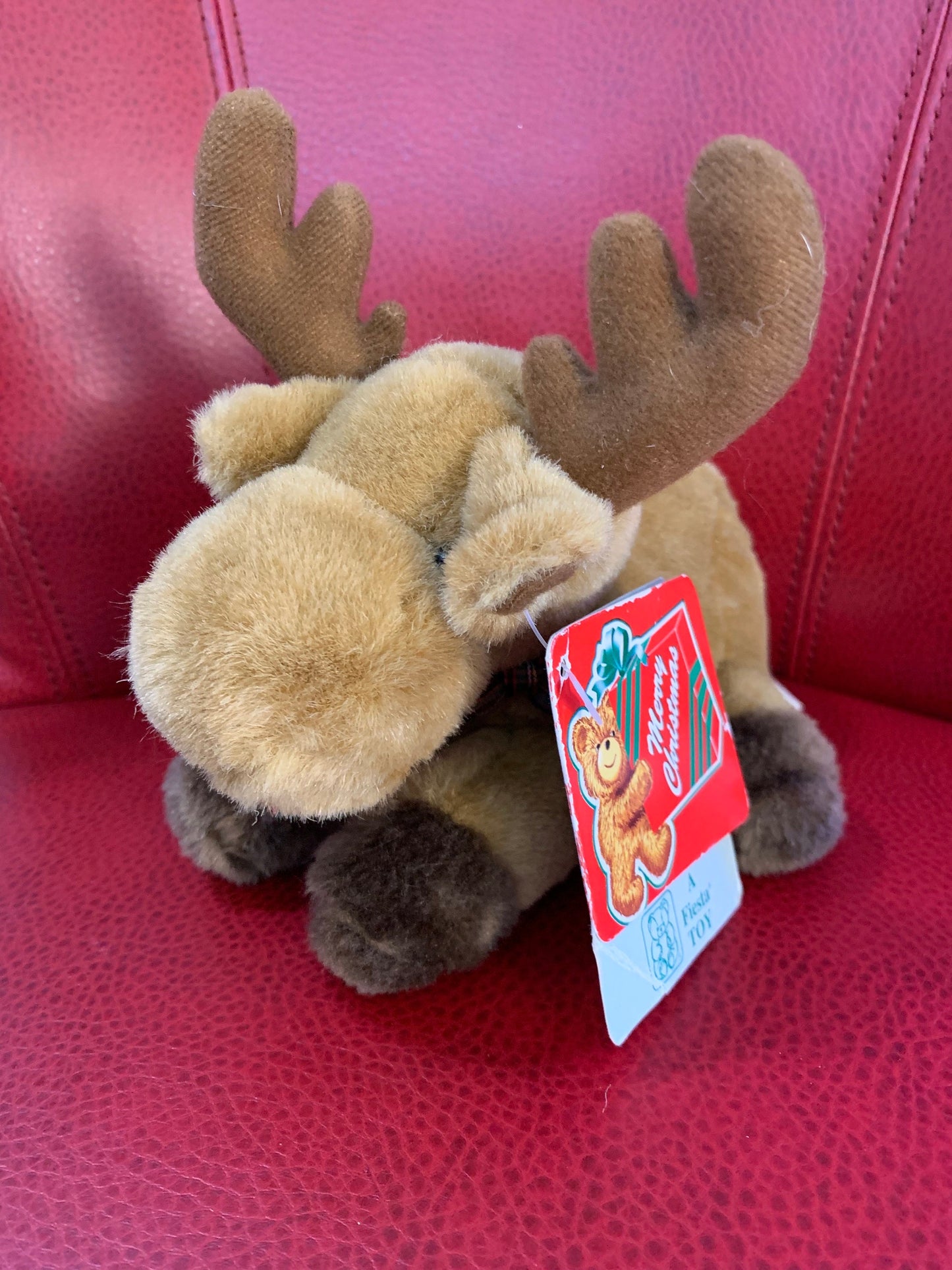 Vintage Fiesta Christmas Moose Plush with Red Plaid Bow, 1995