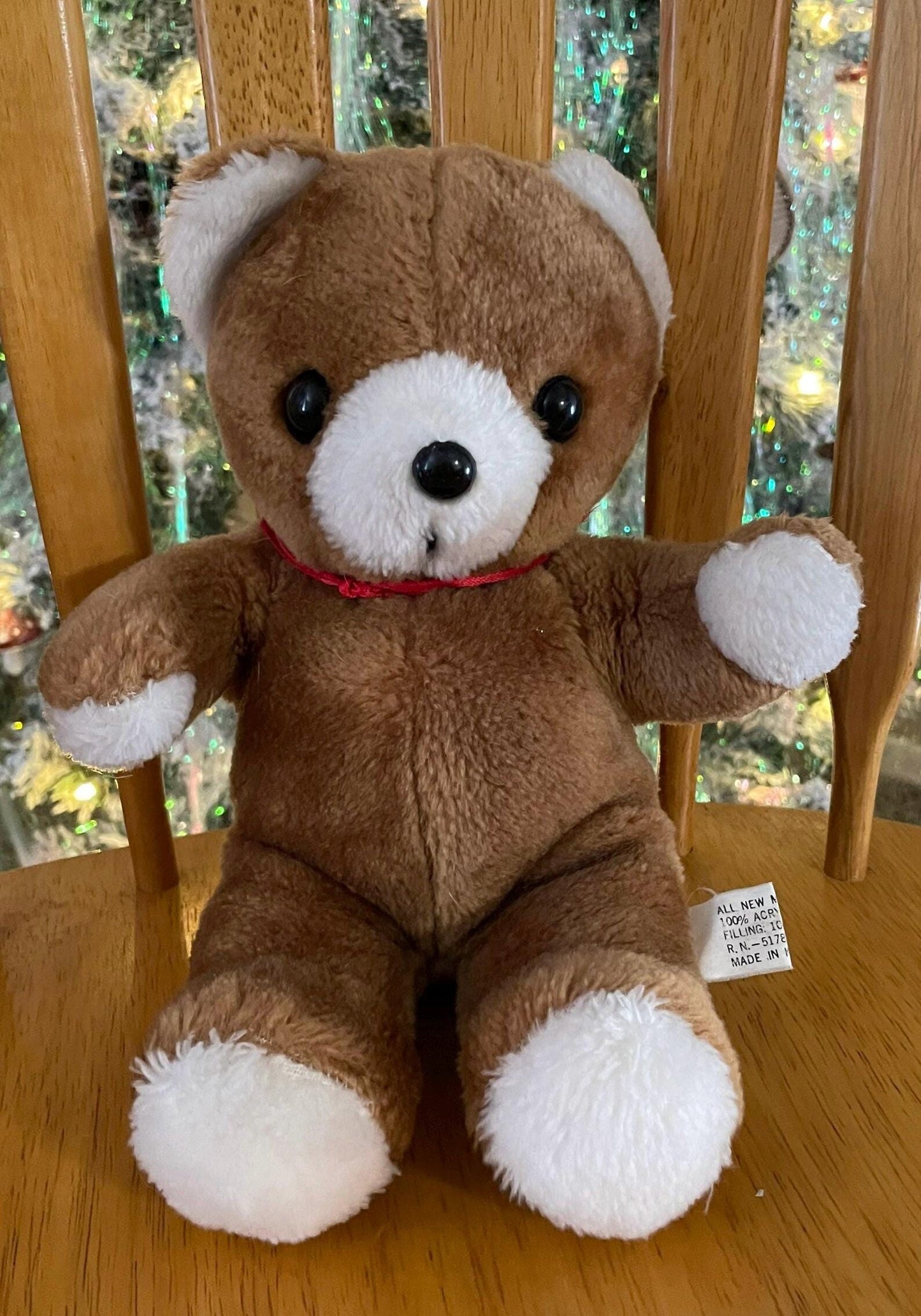 Brown and White Teddy Bear Plush  With Red Ribbon. Small
