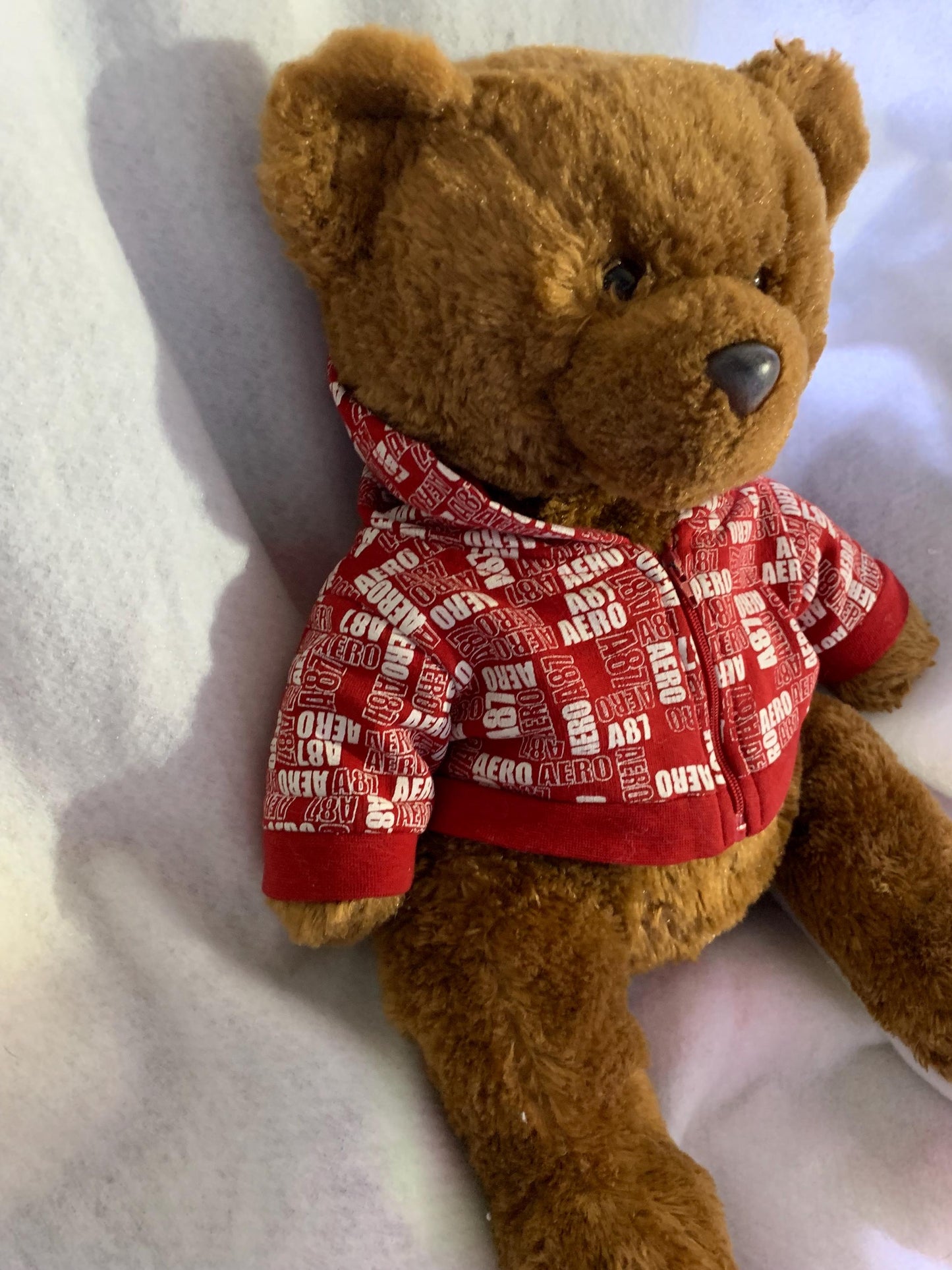 Aeropostal Brown Fuzzy Teddy Bear Plush With Red And White Aeropostale Hoodie.