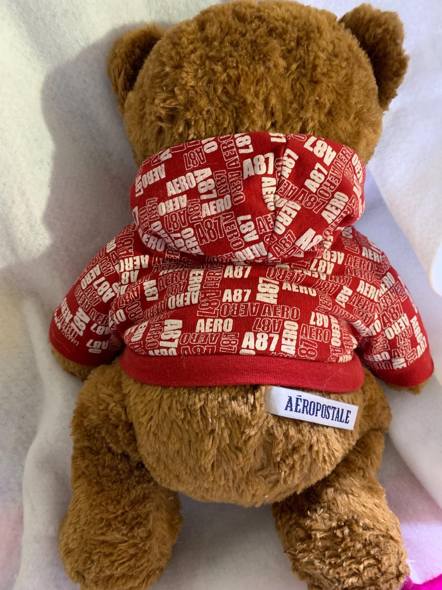 Aeropostal Brown Fuzzy Teddy Bear Plush With Red And White Aeropostale Hoodie.