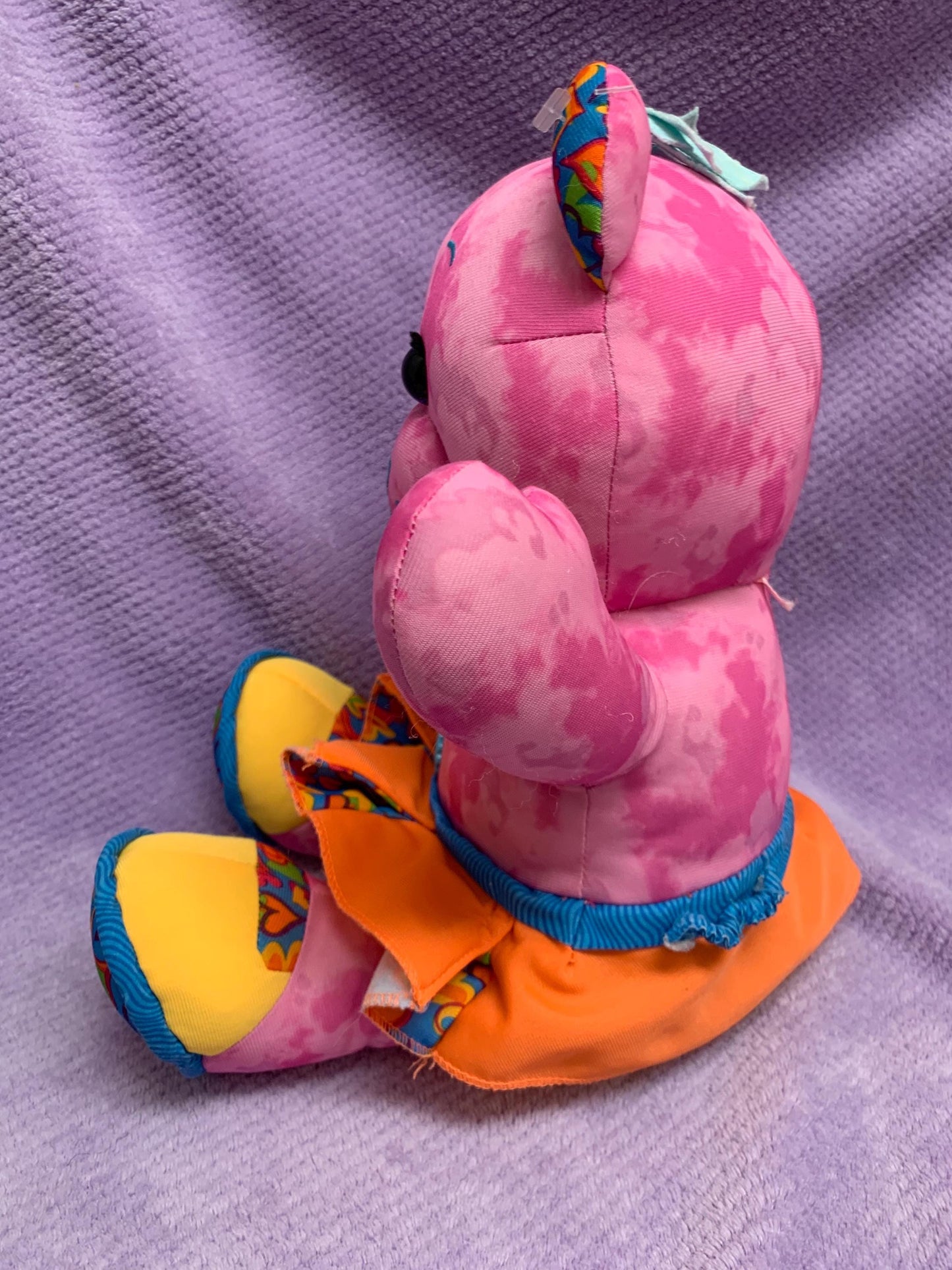 Vintage 1990s Pink Doodle Bear Plush Girl with Orange Skirt