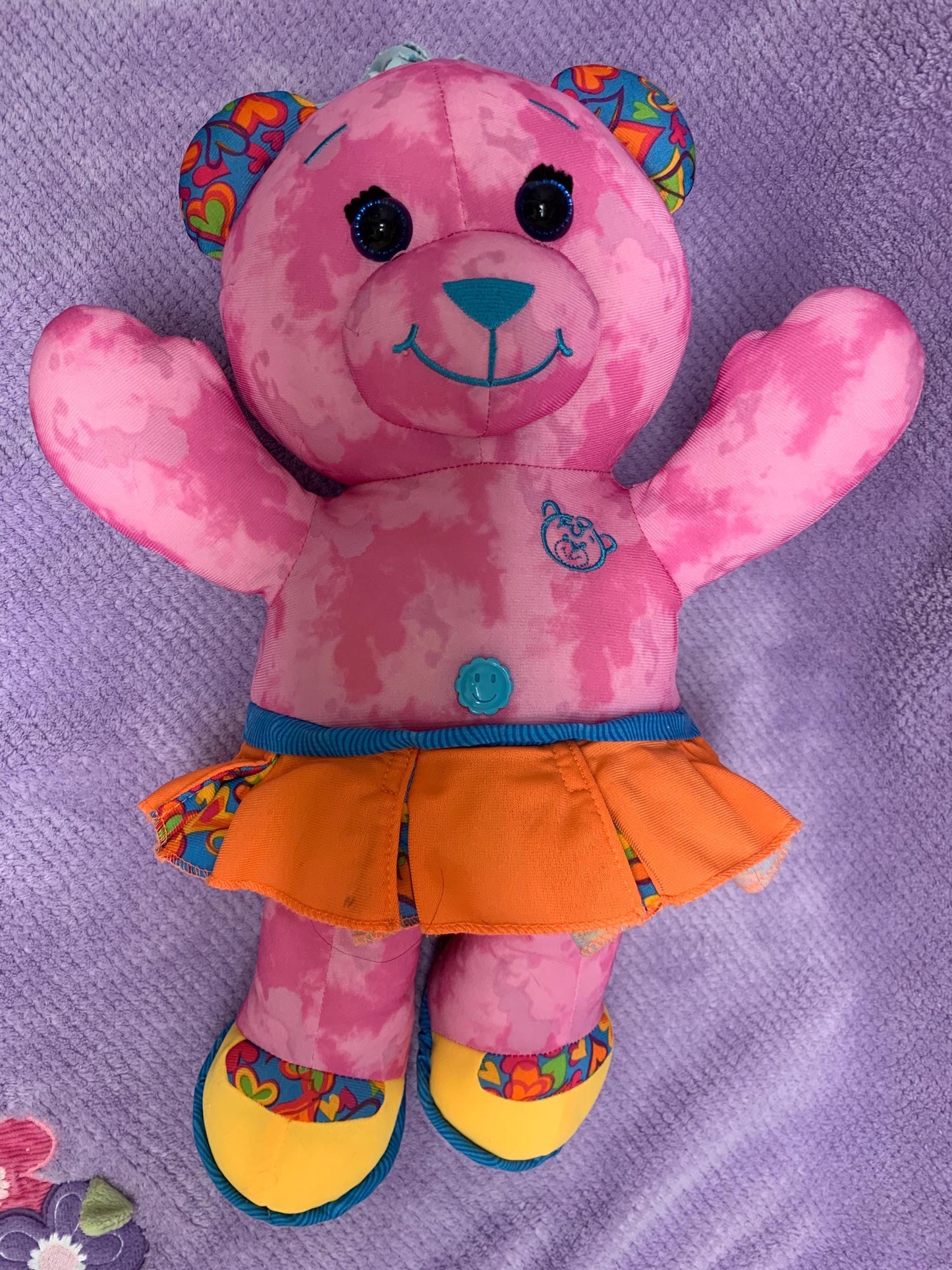Vintage 1990s Pink Doodle Bear Plush Girl with Orange Skirt