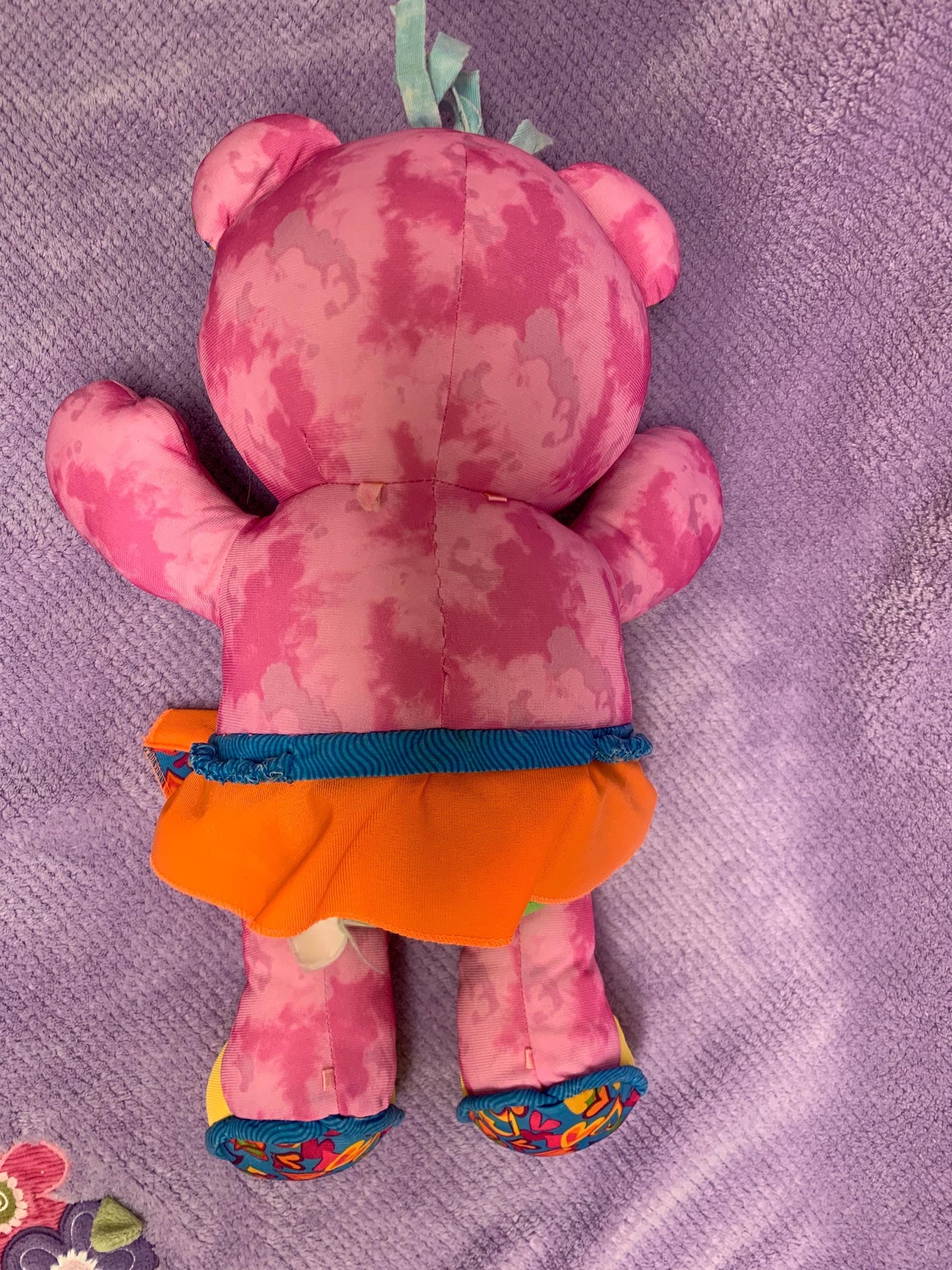 Vintage 1990s Pink Doodle Bear Plush Girl with Orange Skirt