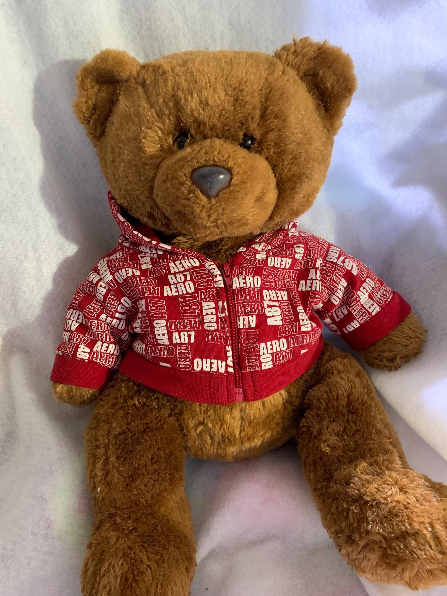 Aeropostal Brown Fuzzy Teddy Bear Plush With Red And White Aeropostale Hoodie.