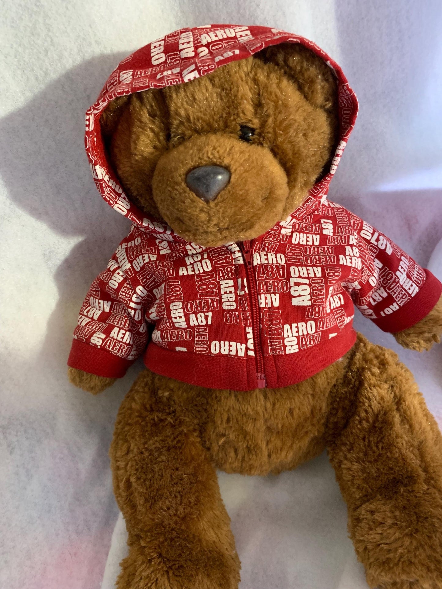Aeropostal Brown Fuzzy Teddy Bear Plush With Red And White Aeropostale Hoodie.