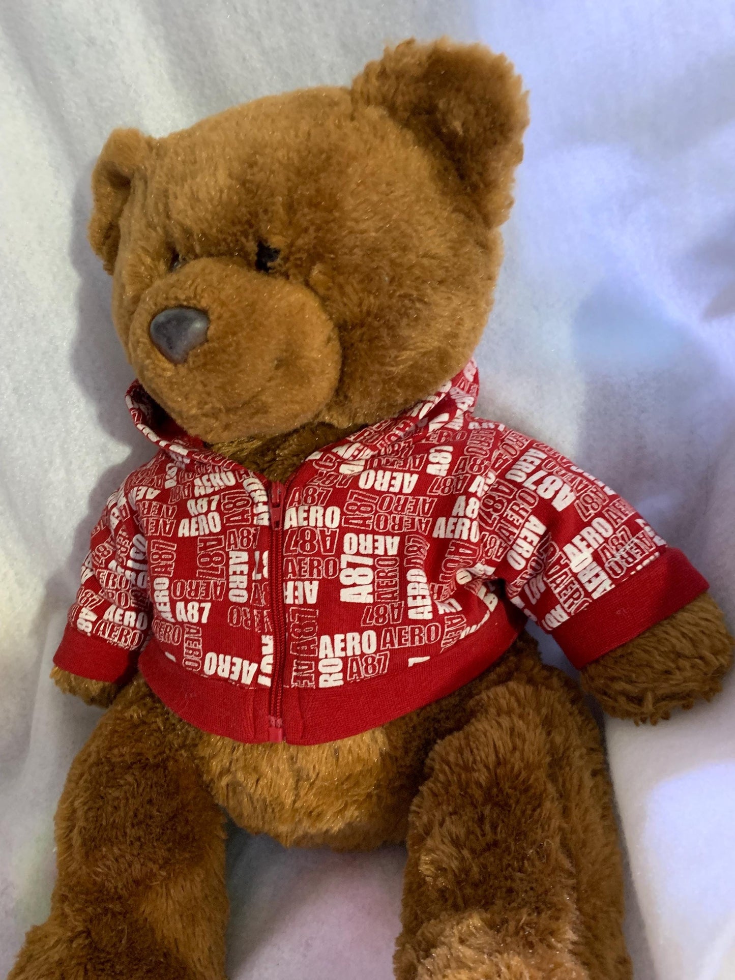 Aeropostal Brown Fuzzy Teddy Bear Plush With Red And White Aeropostale Hoodie.