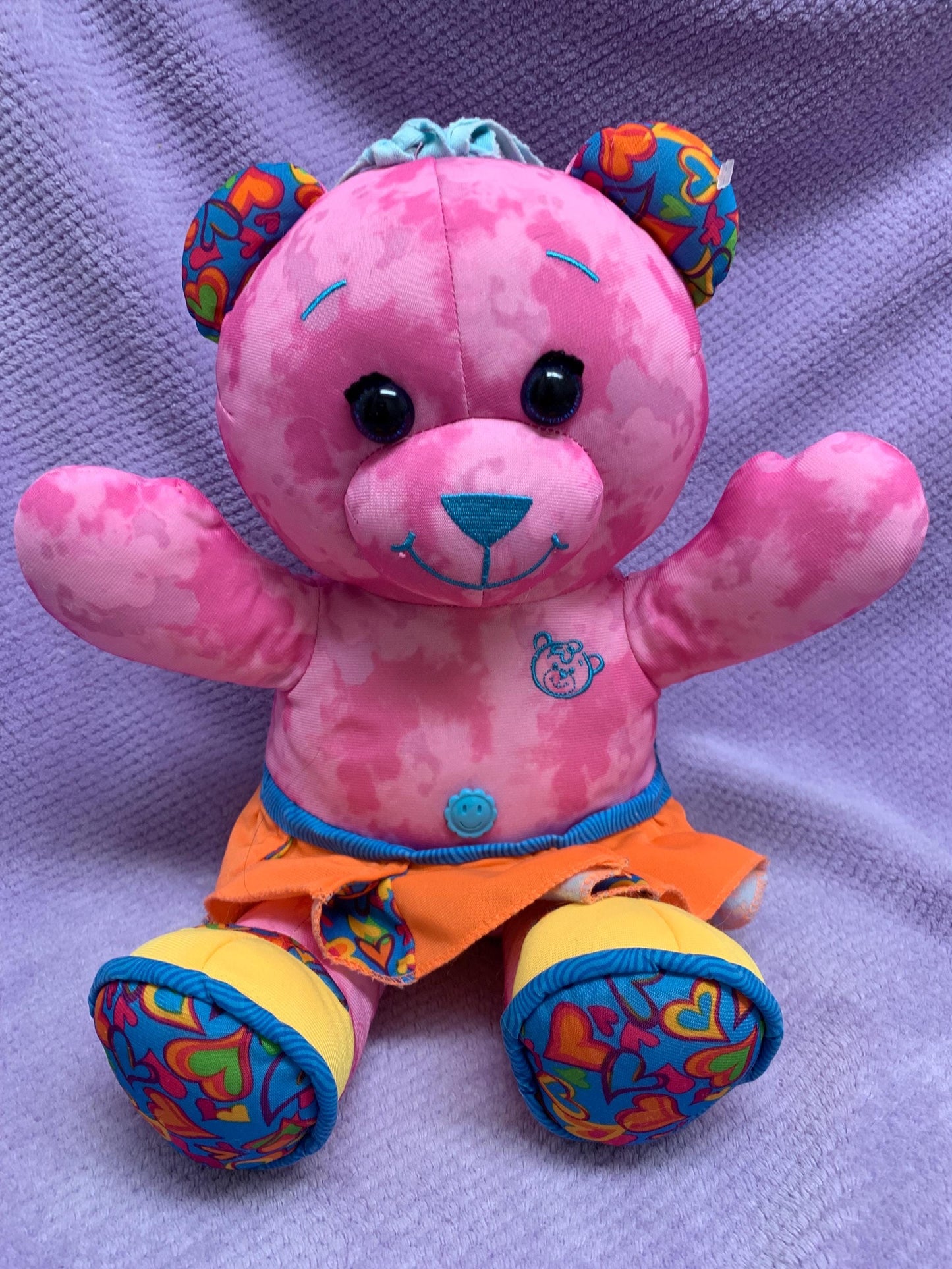 Vintage 1990s Pink Doodle Bear Plush Girl with Orange Skirt