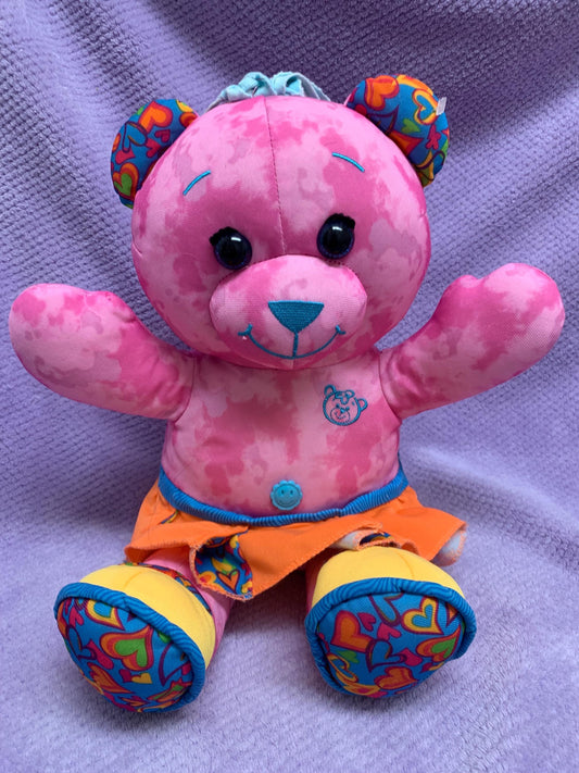 Vintage 1990s Pink Doodle Bear Plush Girl with Orange Skirt
