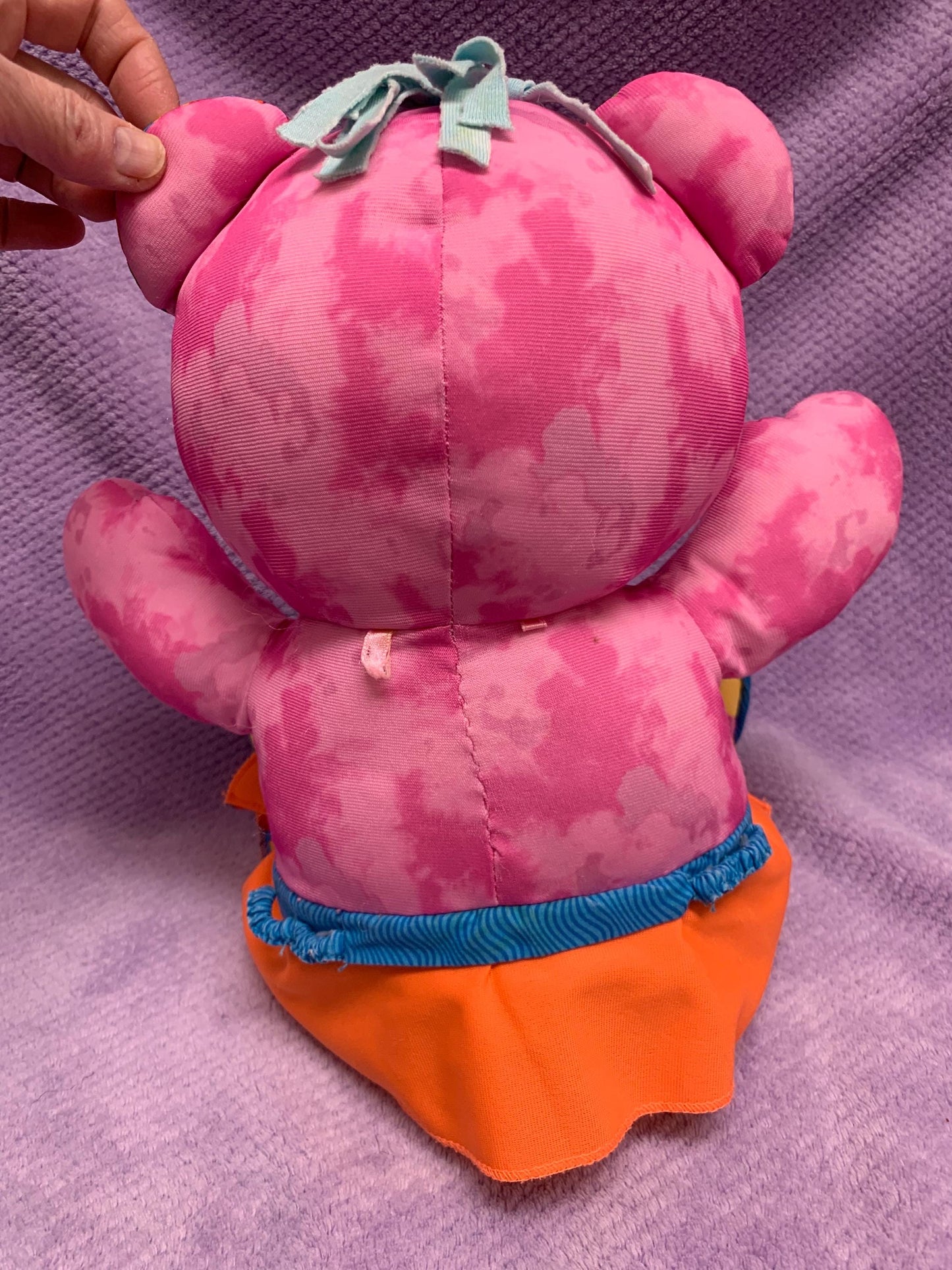 Vintage 1990s Pink Doodle Bear Plush Girl with Orange Skirt