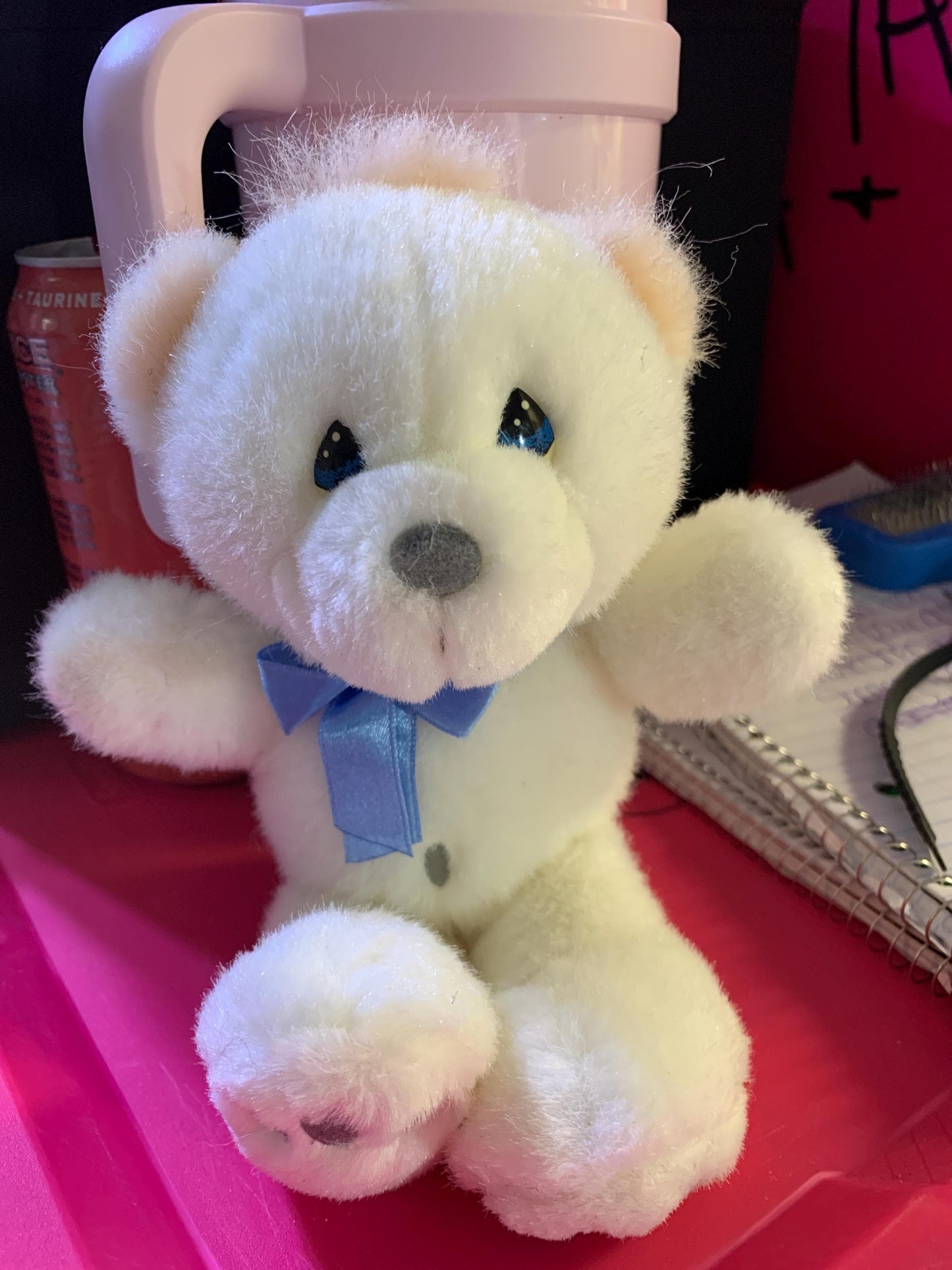 Precious Moments White Opal Teddy Bear Plush, Blue Ribbon