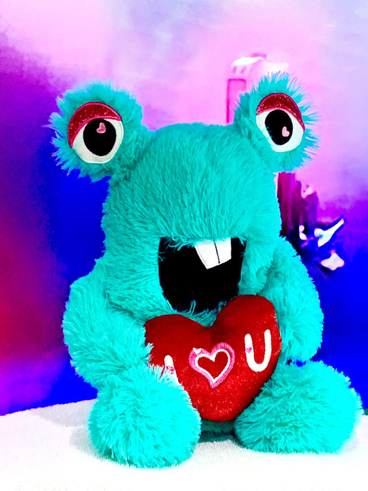 Dream Blue Teal Monster Alien Plush  Red Heart I love you