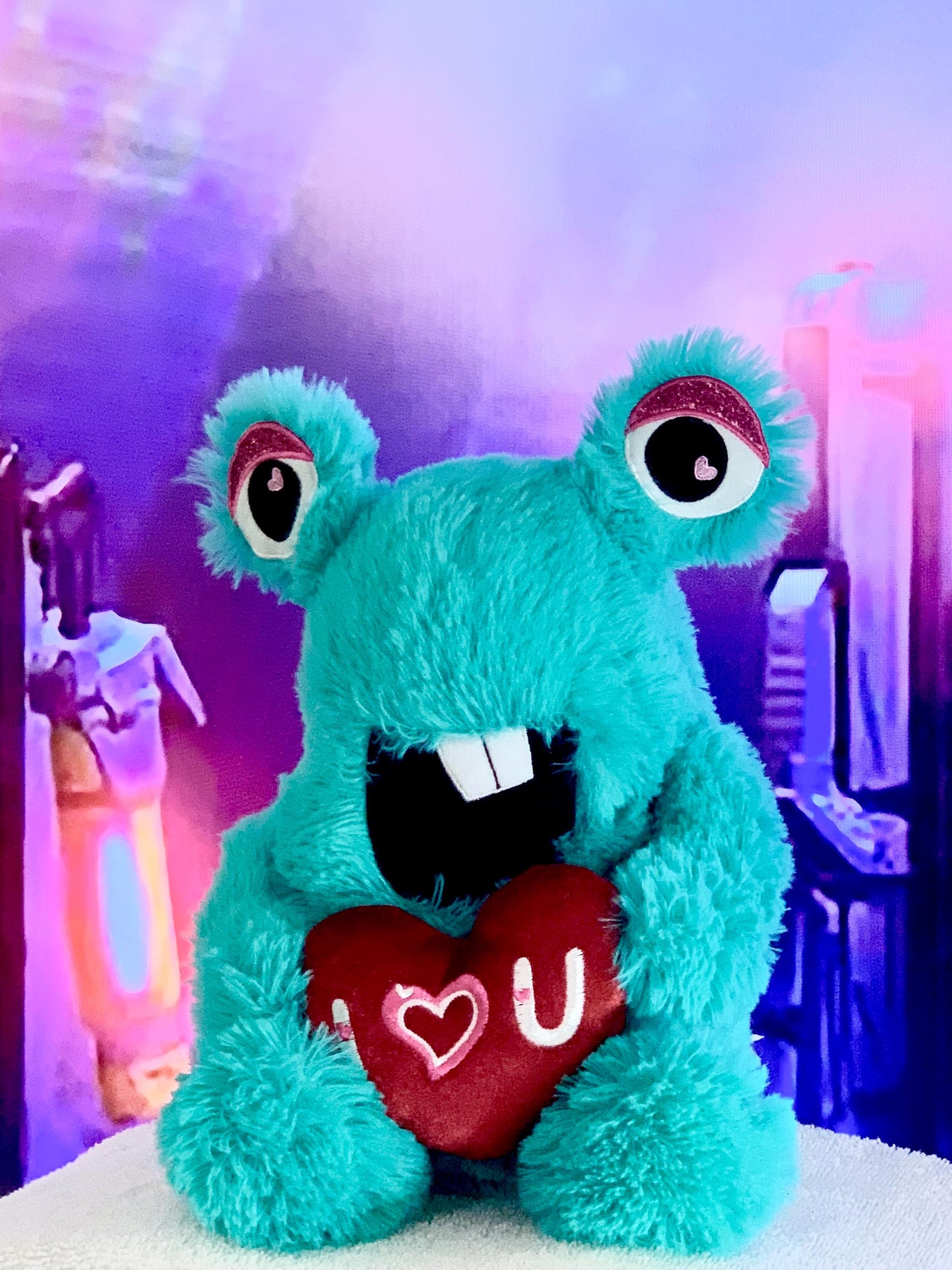 Dream Blue Teal Monster Alien Plush  Red Heart I love you