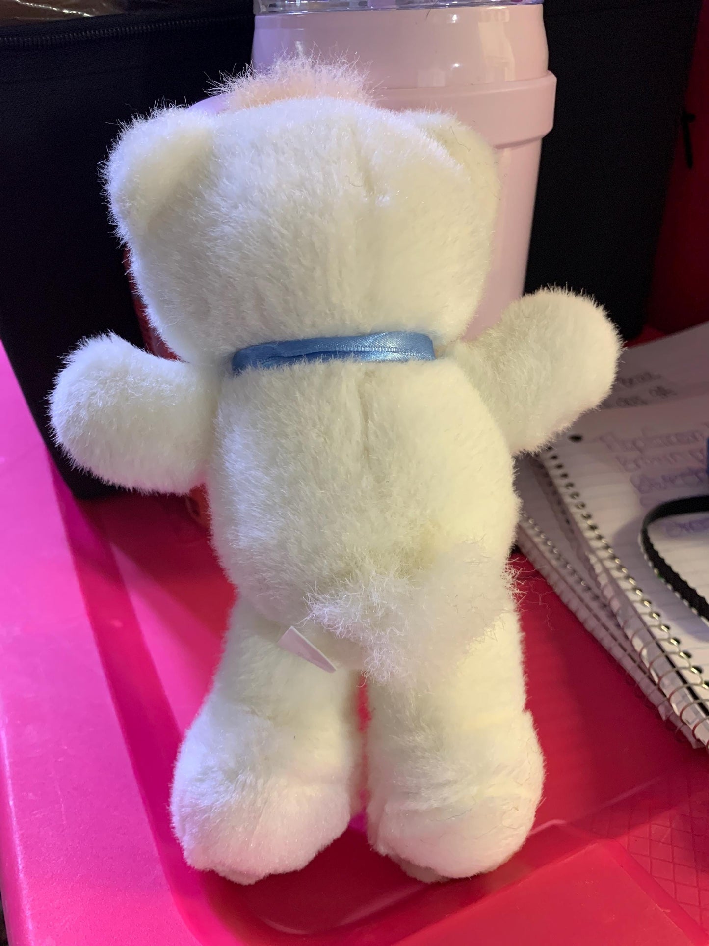 Precious Moments White Opal Teddy Bear Plush, Blue Ribbon