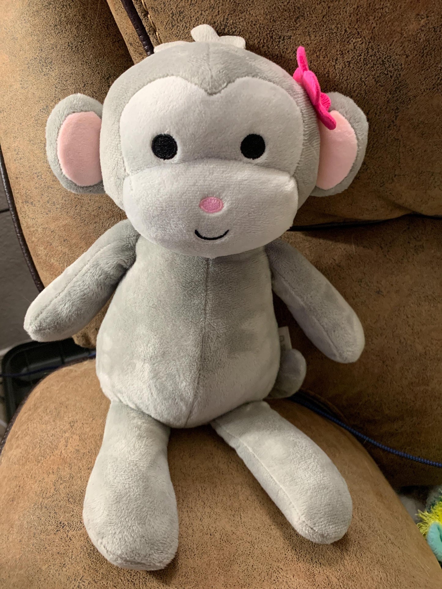 Lambs & Ivy Gray Plush Monkey, Floral Accent