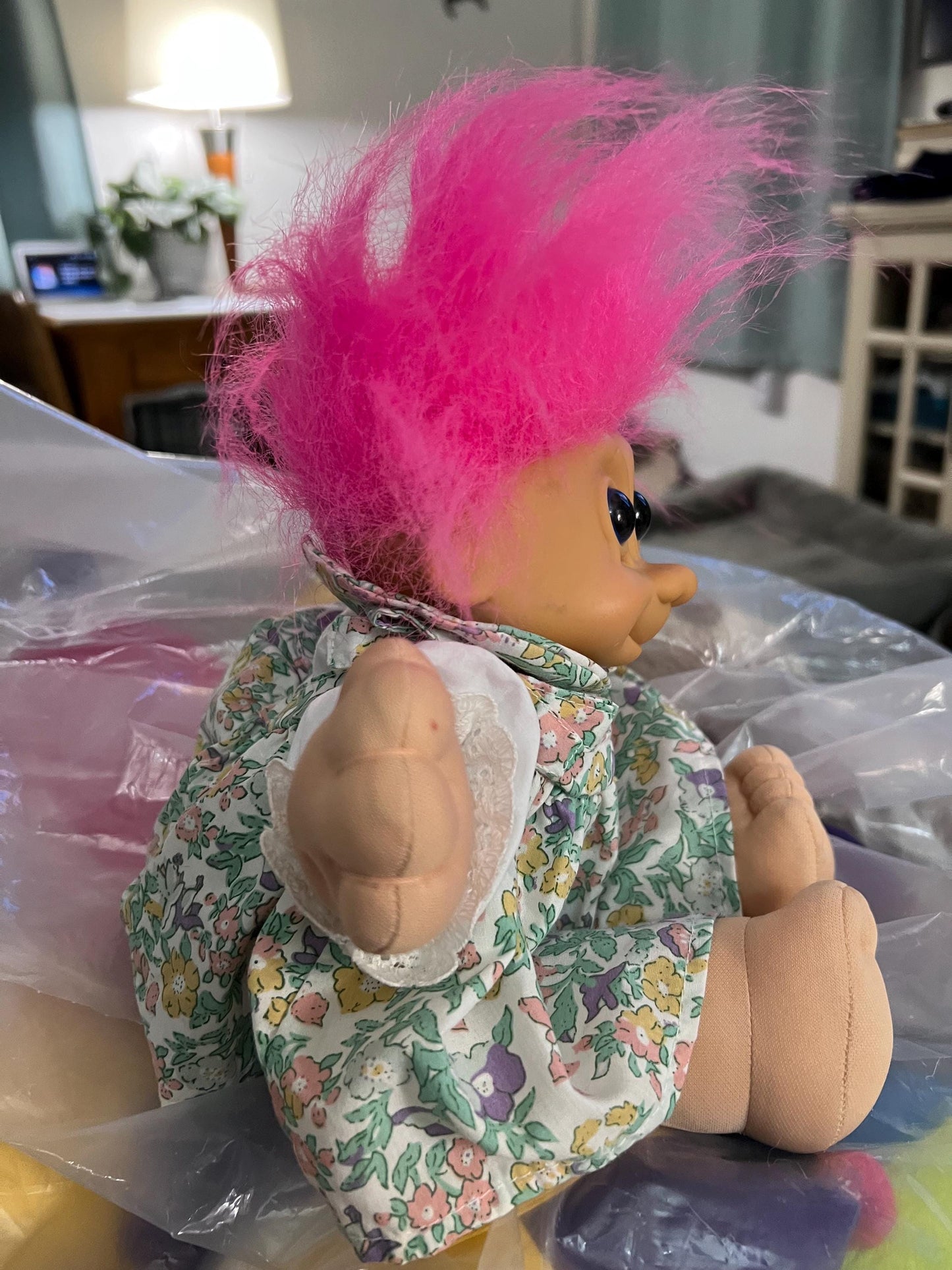 Russ Berrie Girl, Pink Hair Troll Doll Plush. Hard Plastic Face