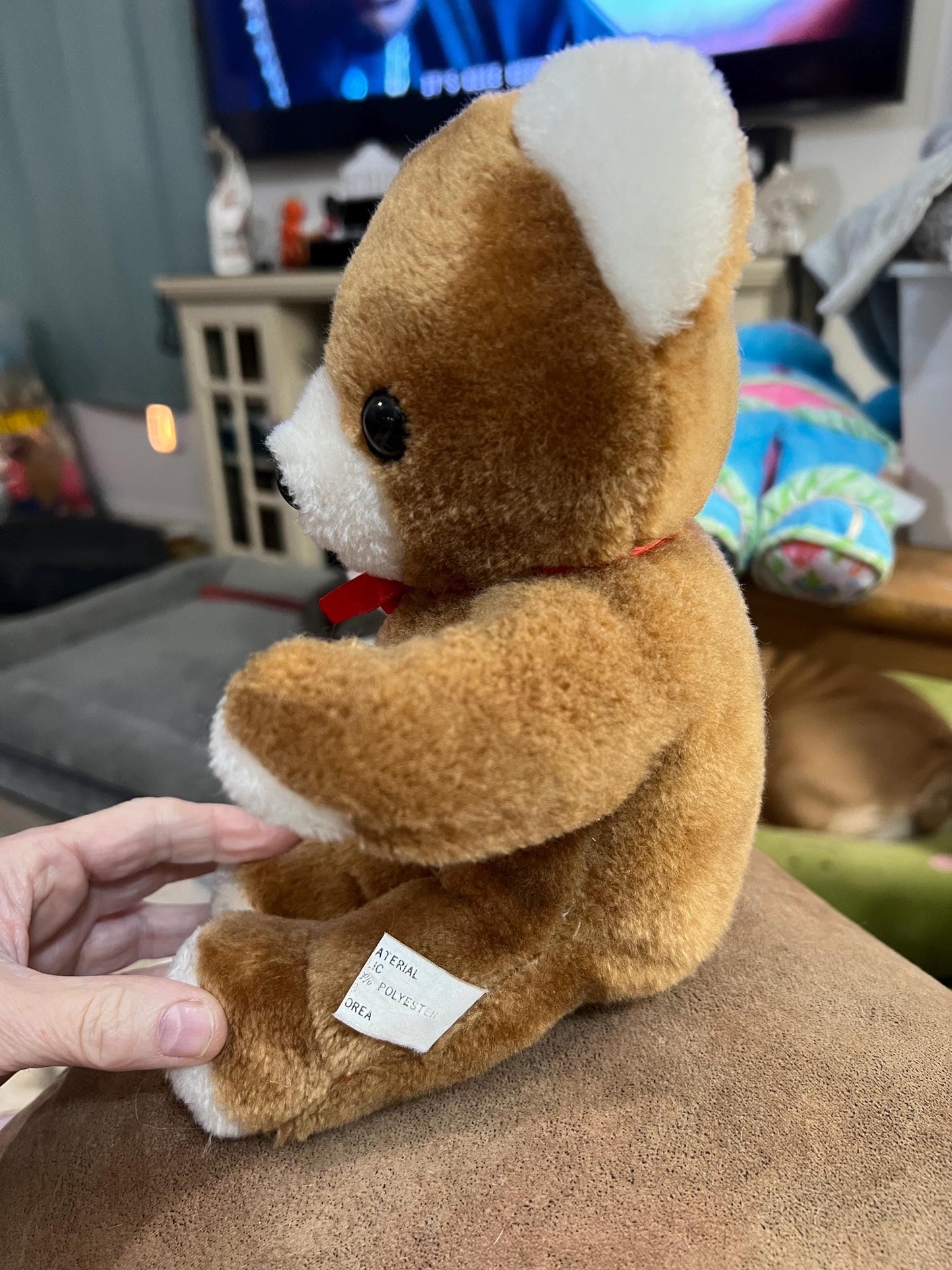Brown and White Teddy Bear Plush  With Red Ribbon. Small