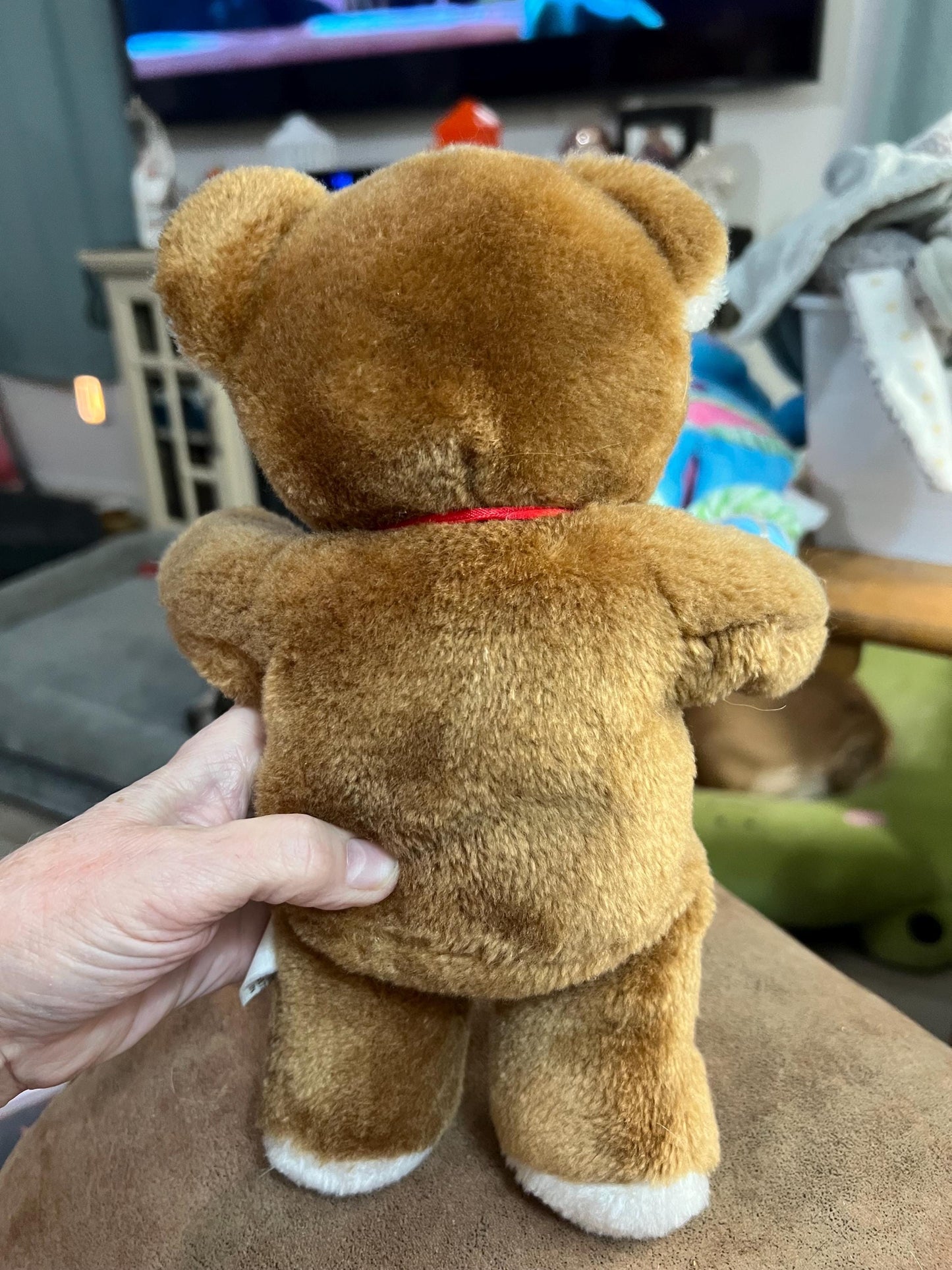 Brown and White Teddy Bear Plush  With Red Ribbon. Small