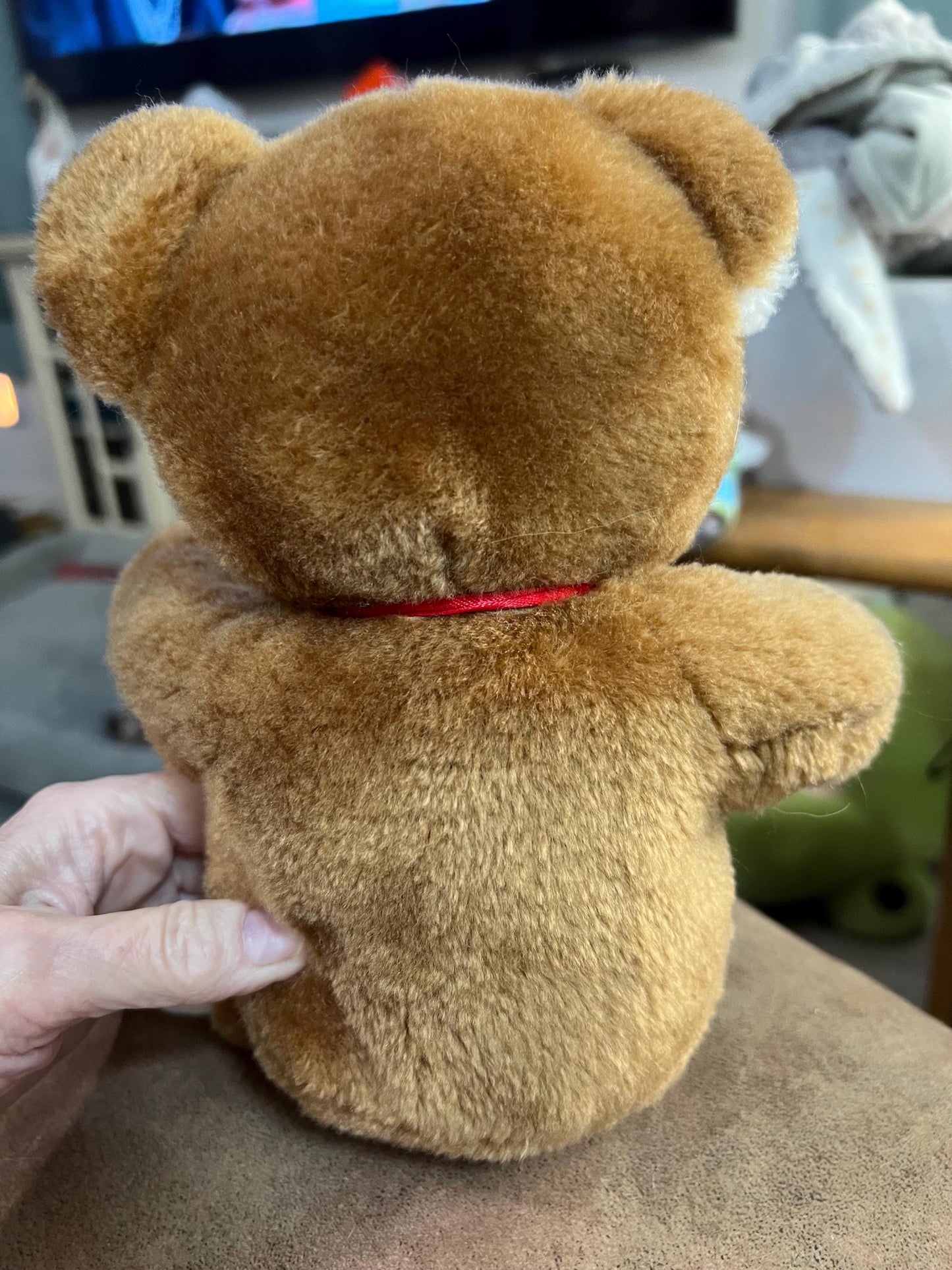 Brown and White Teddy Bear Plush  With Red Ribbon. Small