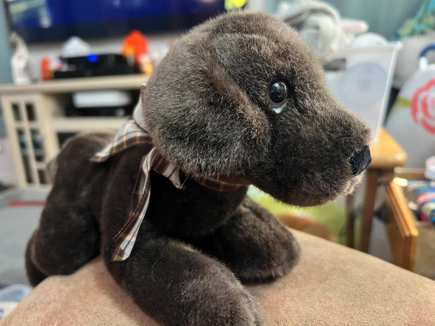 Russ international chocolate brown lab dog plush with brown plaid ribbon