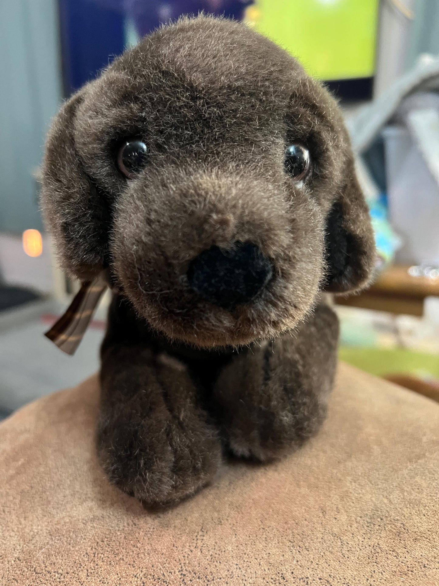 Russ international chocolate brown lab dog plush with brown plaid ribbon
