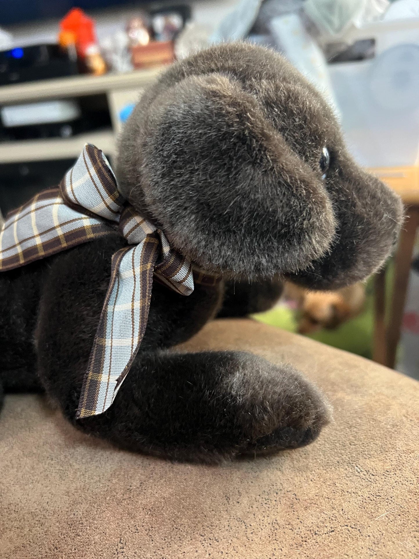 Russ international chocolate brown lab dog plush with brown plaid ribbon
