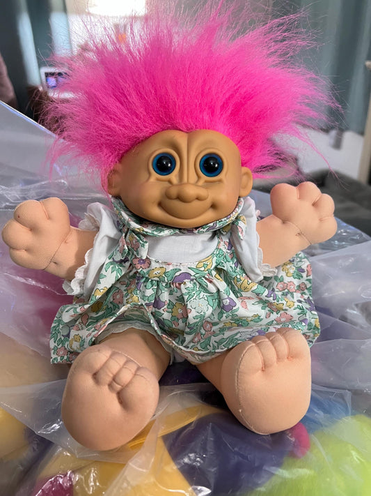 Russ Berrie Girl, Pink Hair Troll Doll Plush. Hard Plastic Face