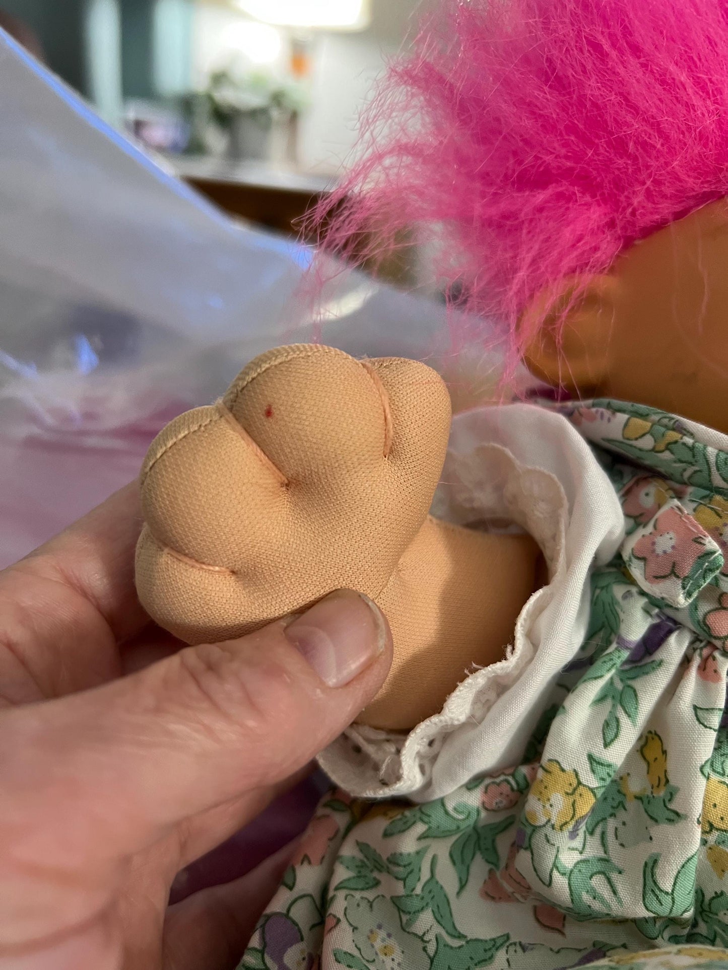 Russ Berrie Girl, Pink Hair Troll Doll Plush. Hard Plastic Face