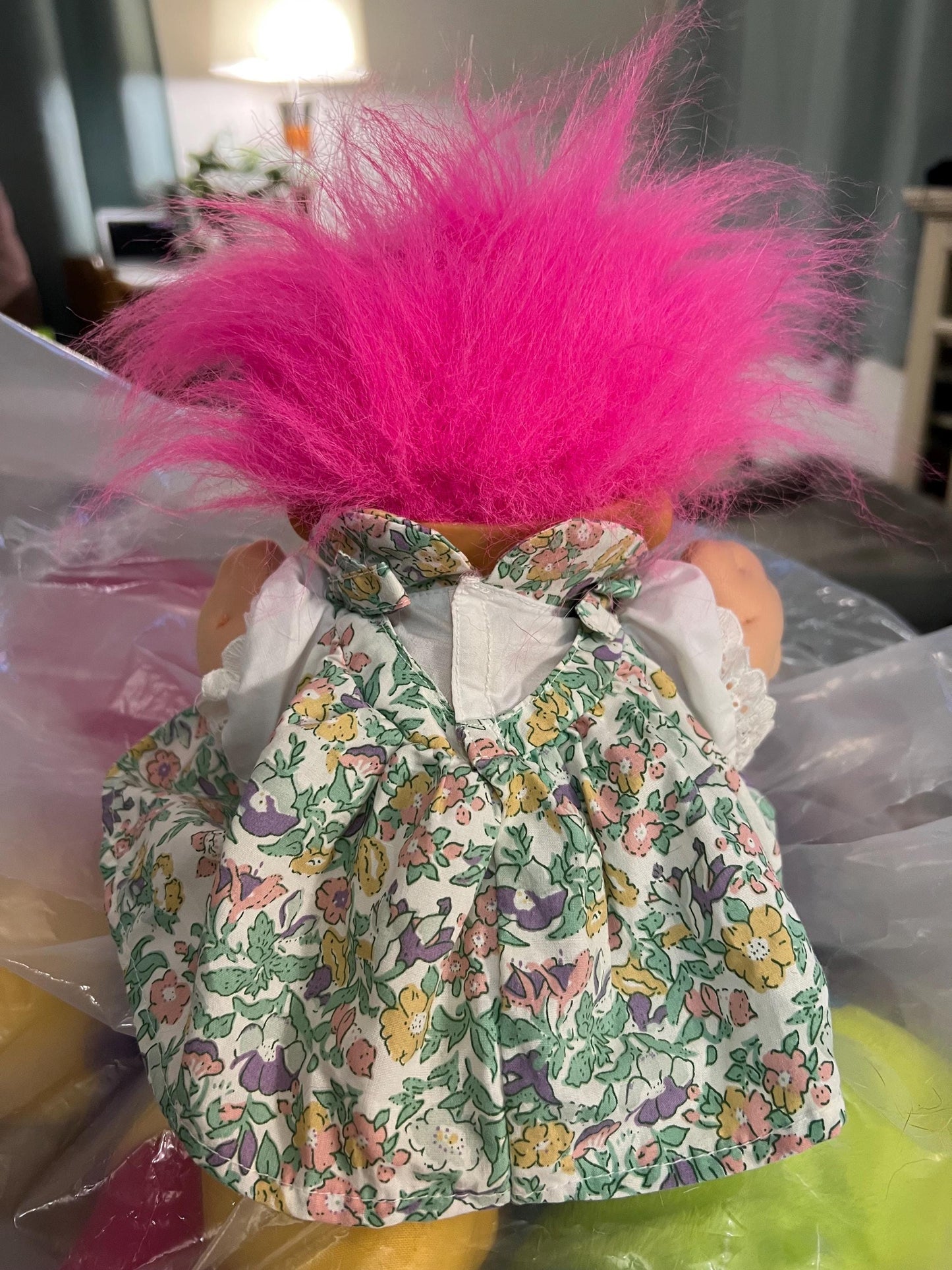 Russ Berrie Girl, Pink Hair Troll Doll Plush. Hard Plastic Face
