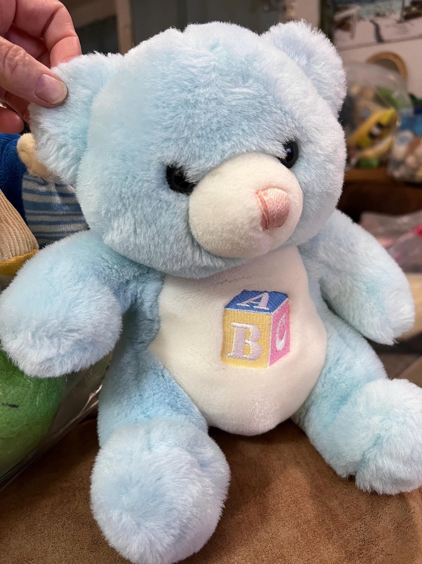 Rare Kmart Main Joy Blue Teddy Bear Plush with ABC Block and Rattle Vintage Collector Grade