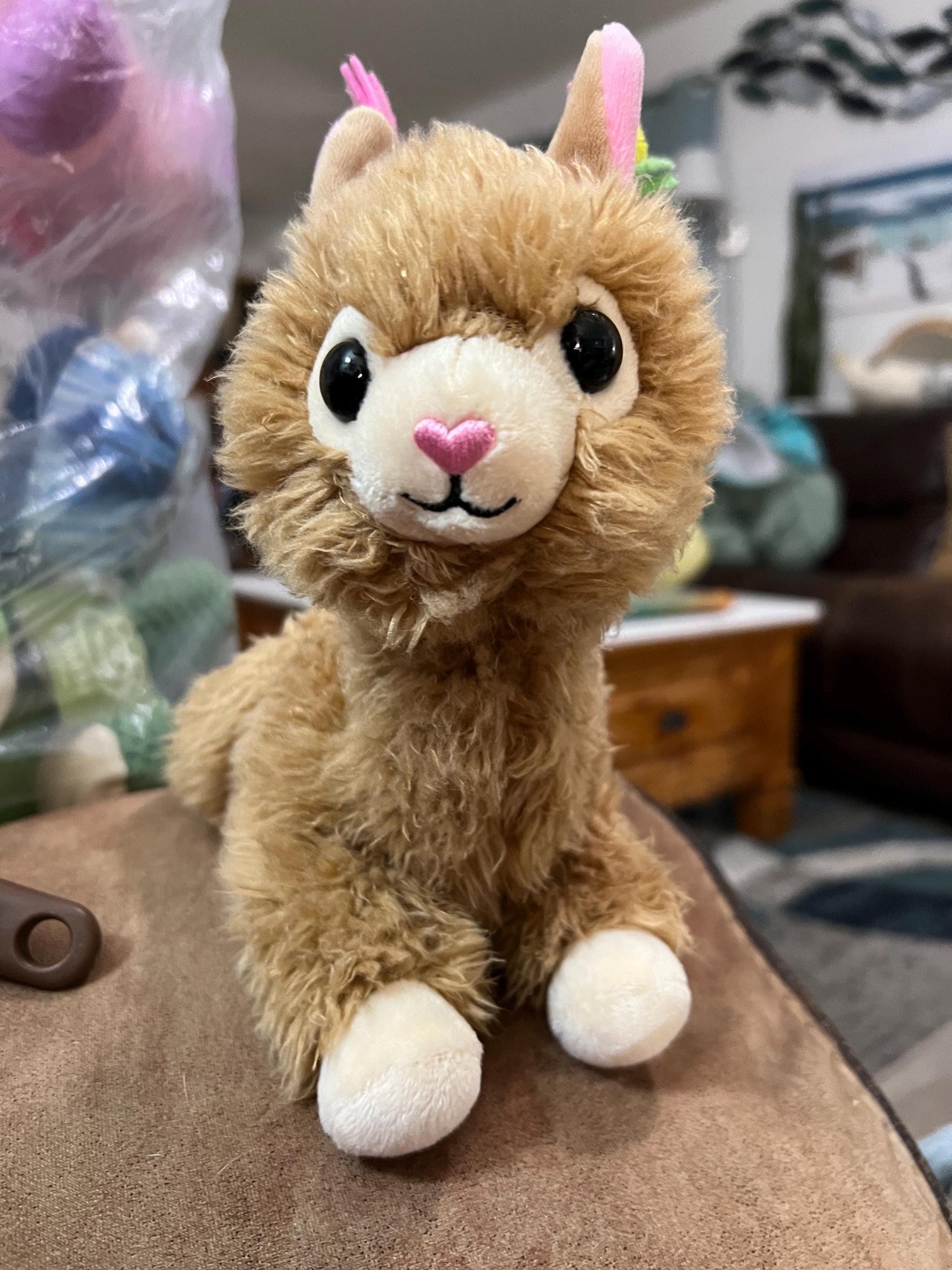 Brown Llama Alpaca Plush, Pink Heart Nose, Pastel Ears