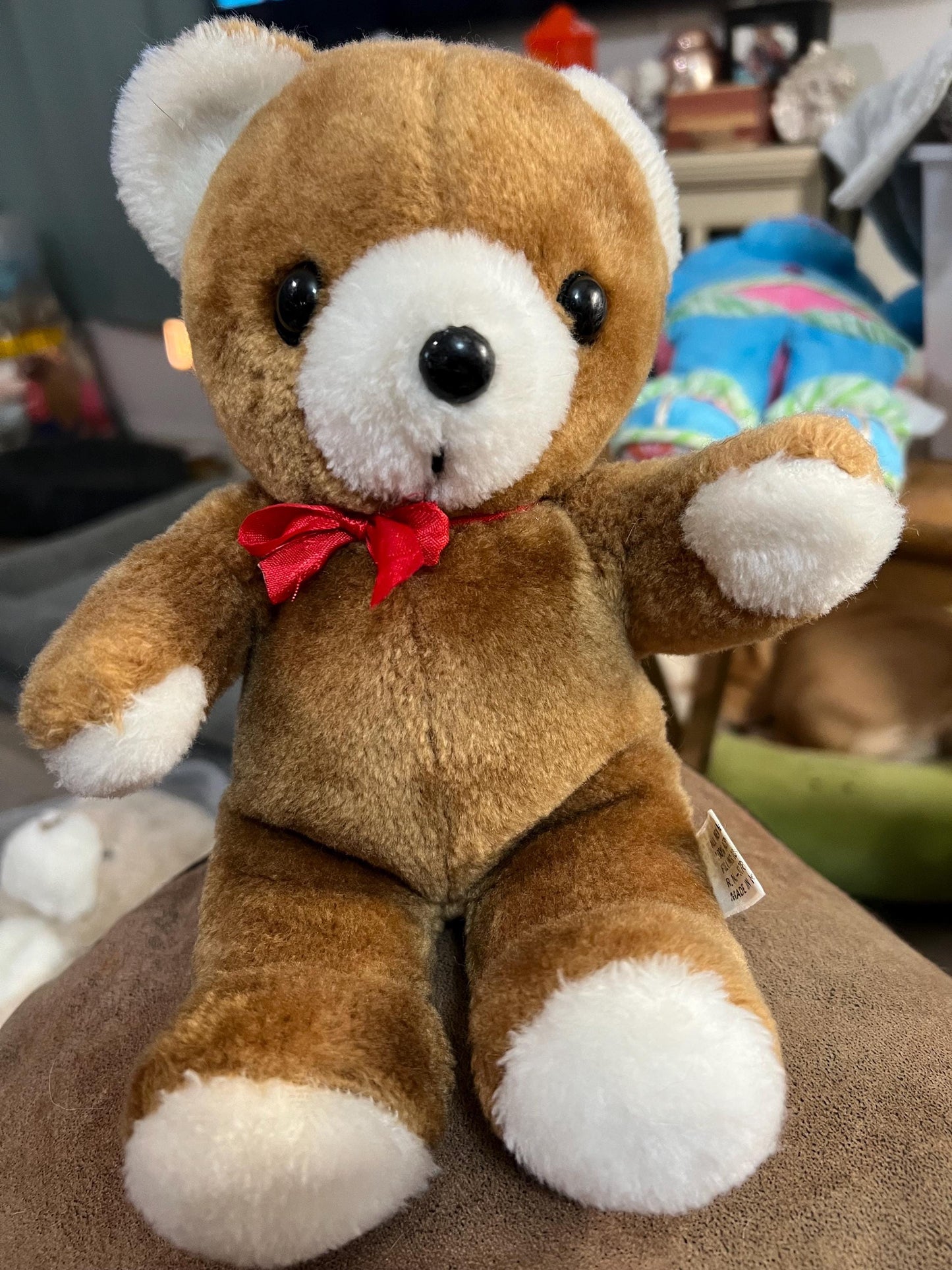 Brown and White Teddy Bear Plush  With Red Ribbon. Small