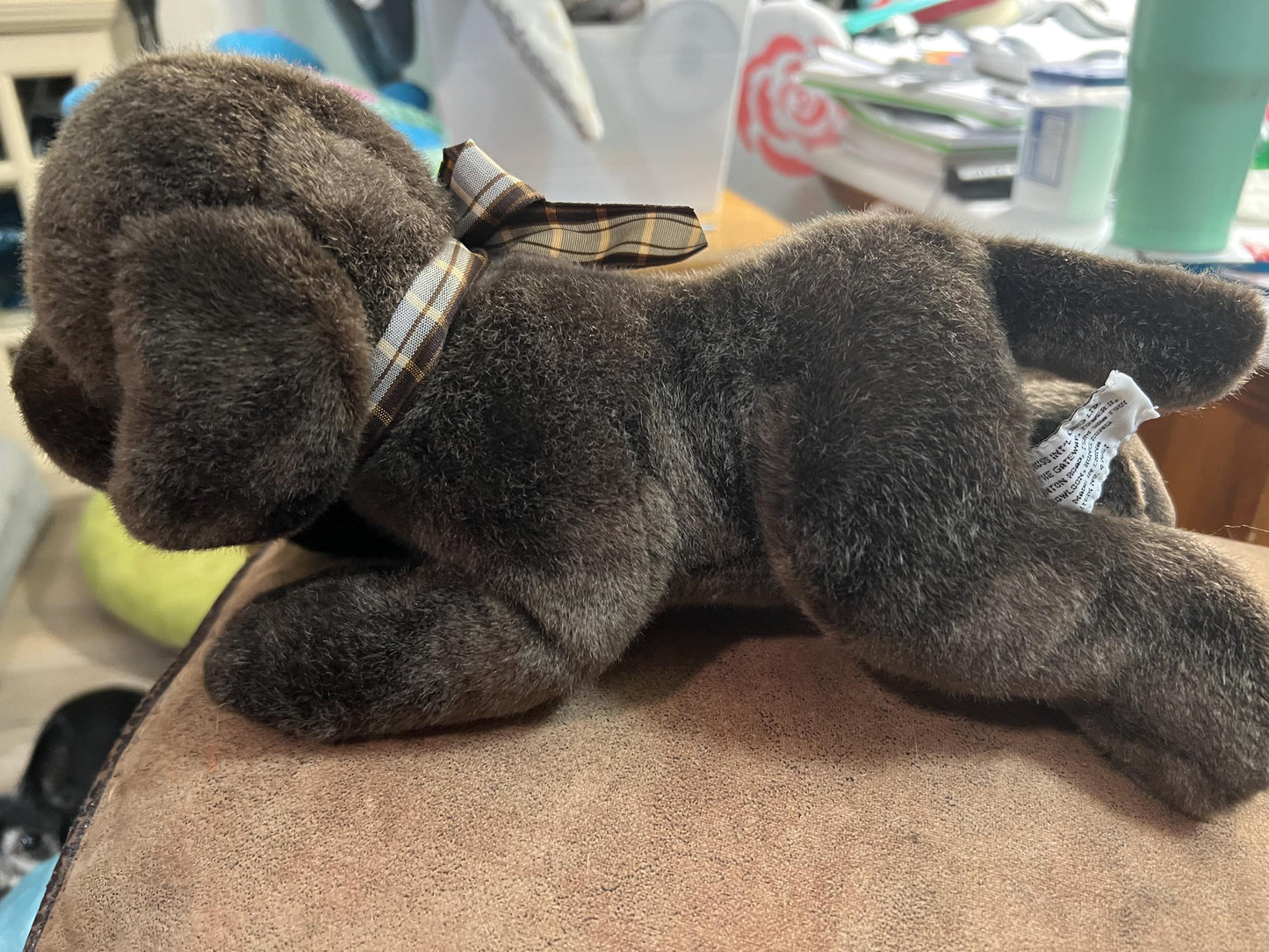 Russ international chocolate brown lab dog plush with brown plaid ribbon