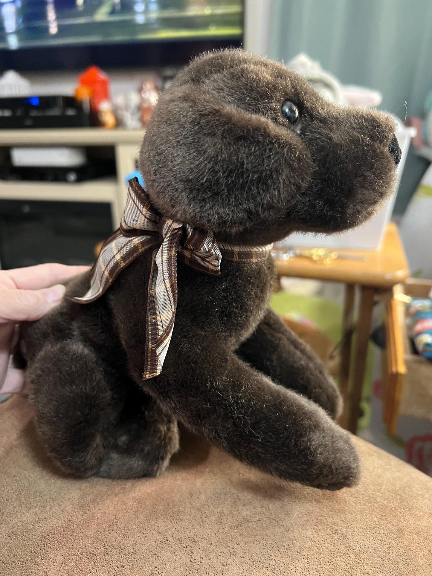 Russ international chocolate brown lab dog plush with brown plaid ribbon