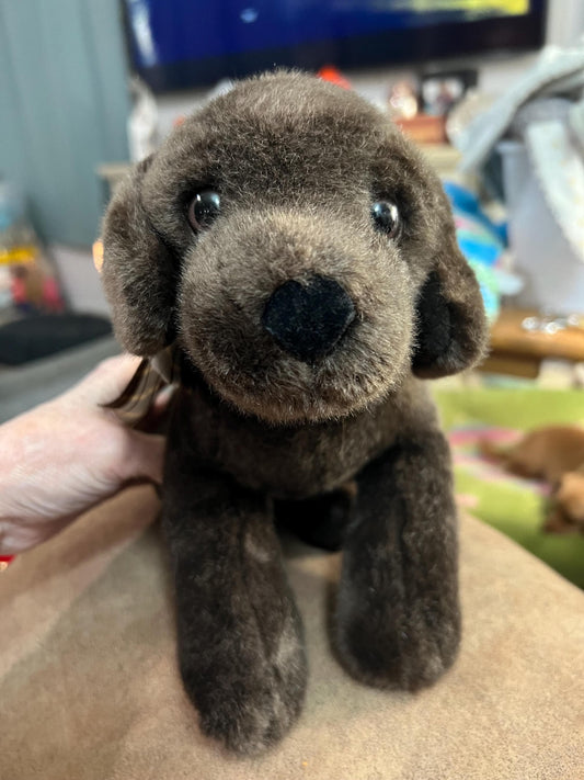 Russ international chocolate brown lab dog plush with brown plaid ribbon