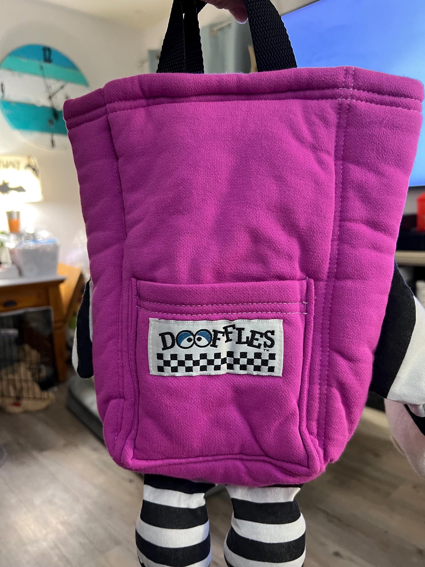 Dooffles Pink/Purple Black and White Striped Bookbag Handbag Plush