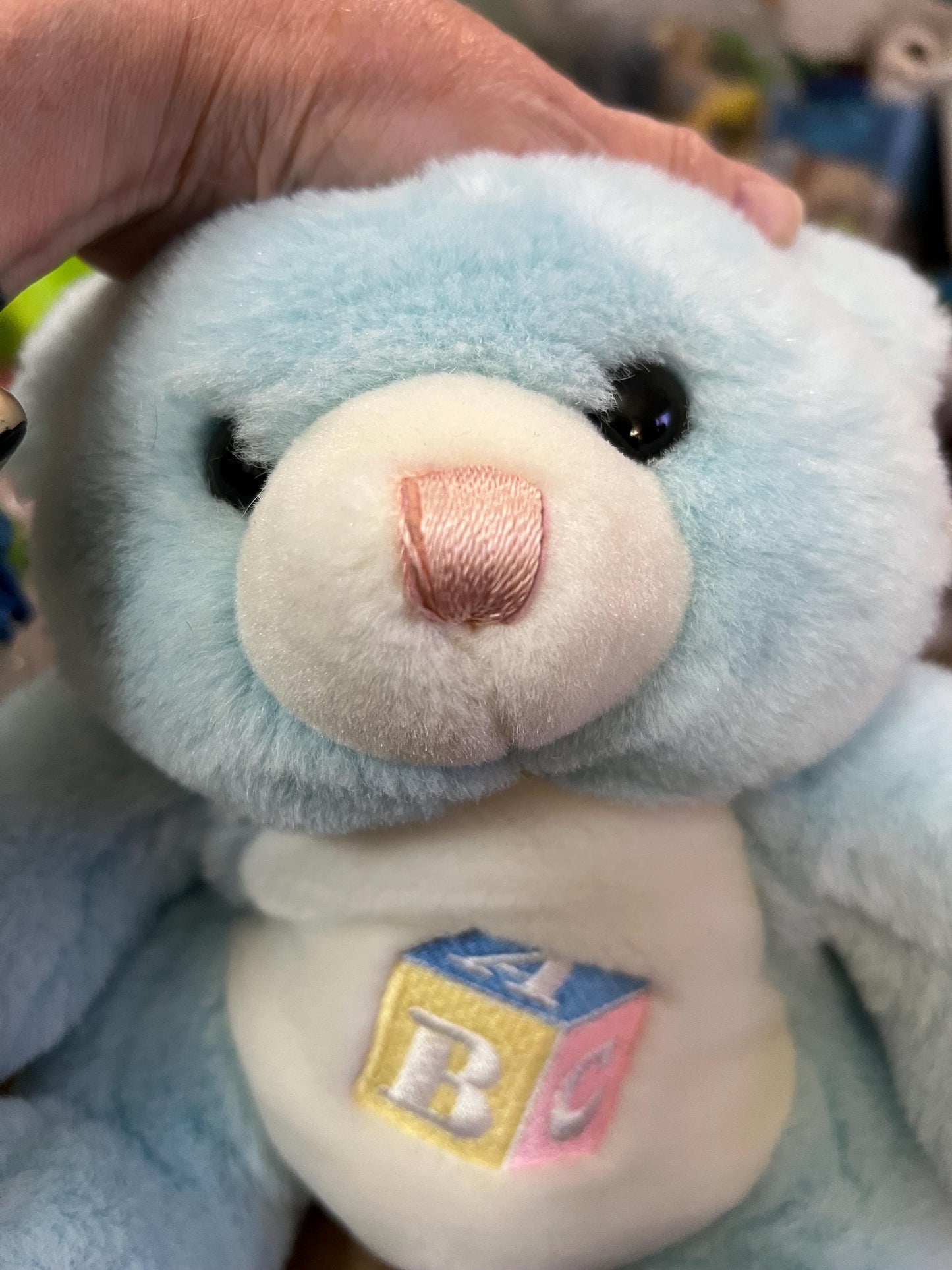 Rare Kmart Main Joy Blue Teddy Bear Plush with ABC Block and Rattle Vintage Collector Grade