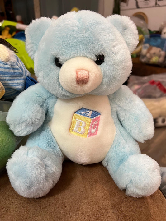 Rare Kmart Main Joy Blue Teddy Bear Plush with ABC Block and Rattle Vintage Collector Grade