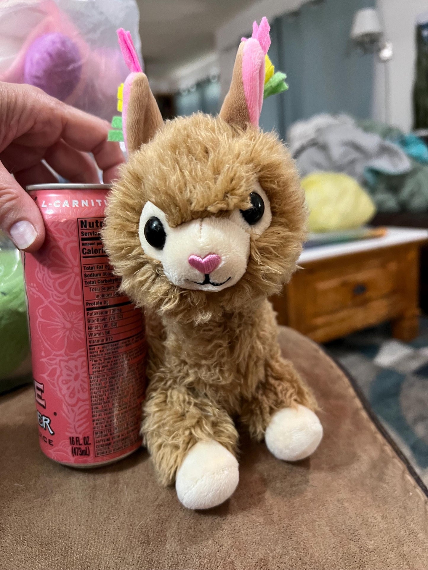 Brown Llama Alpaca Plush, Pink Heart Nose, Pastel Ears