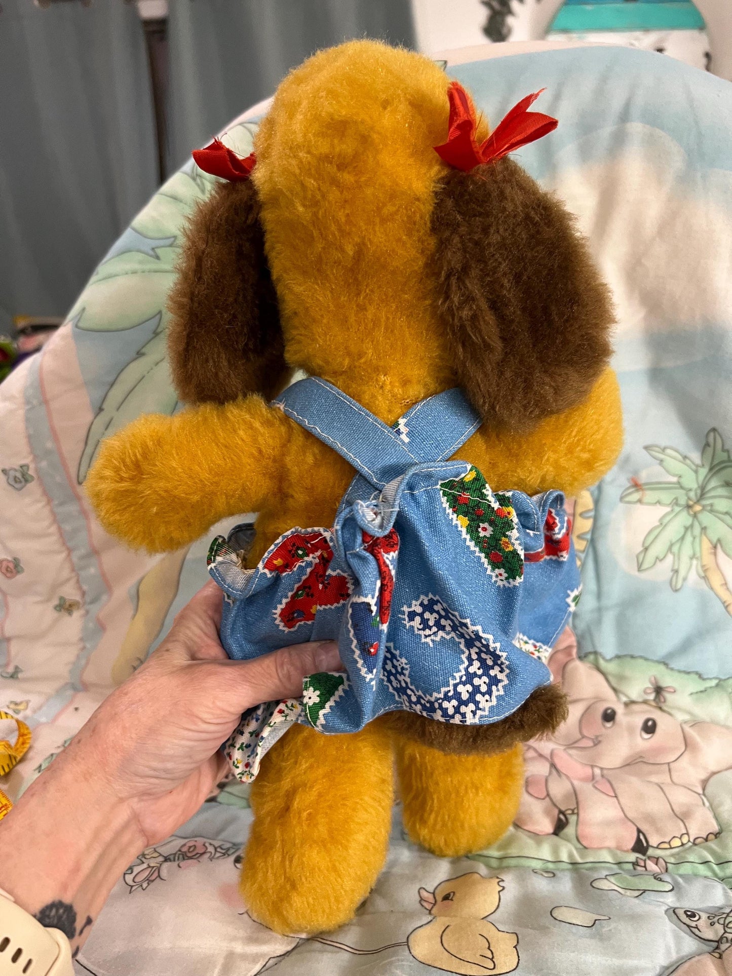 Vintage Princess Soft Toys Floppy Dog Plush 1970s Honey Puppy with Dress. Rare. HTF!