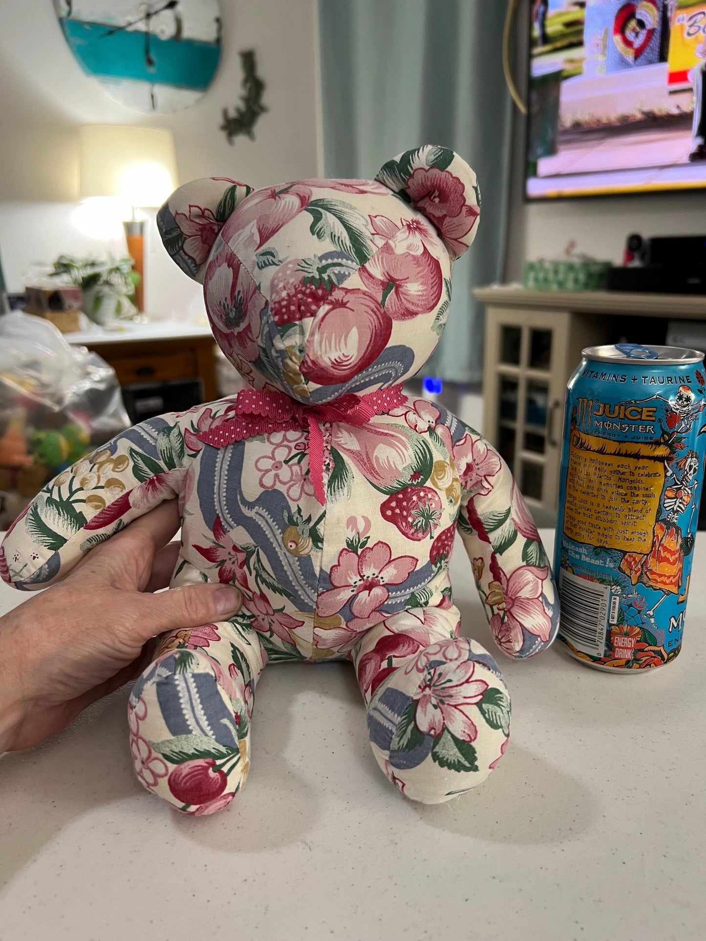Vintage Floral Teddy Bear Plush No Facial Features. Handmade OOAK