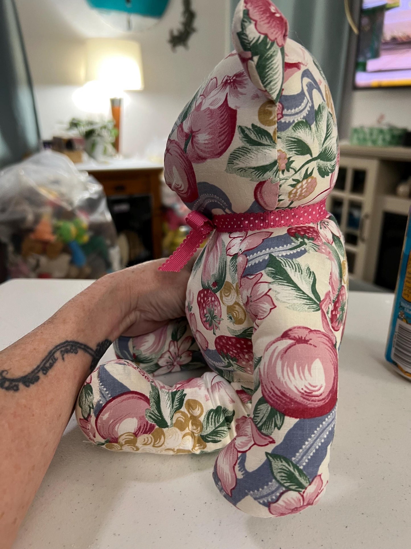 Vintage Floral Teddy Bear Plush No Facial Features. Handmade OOAK