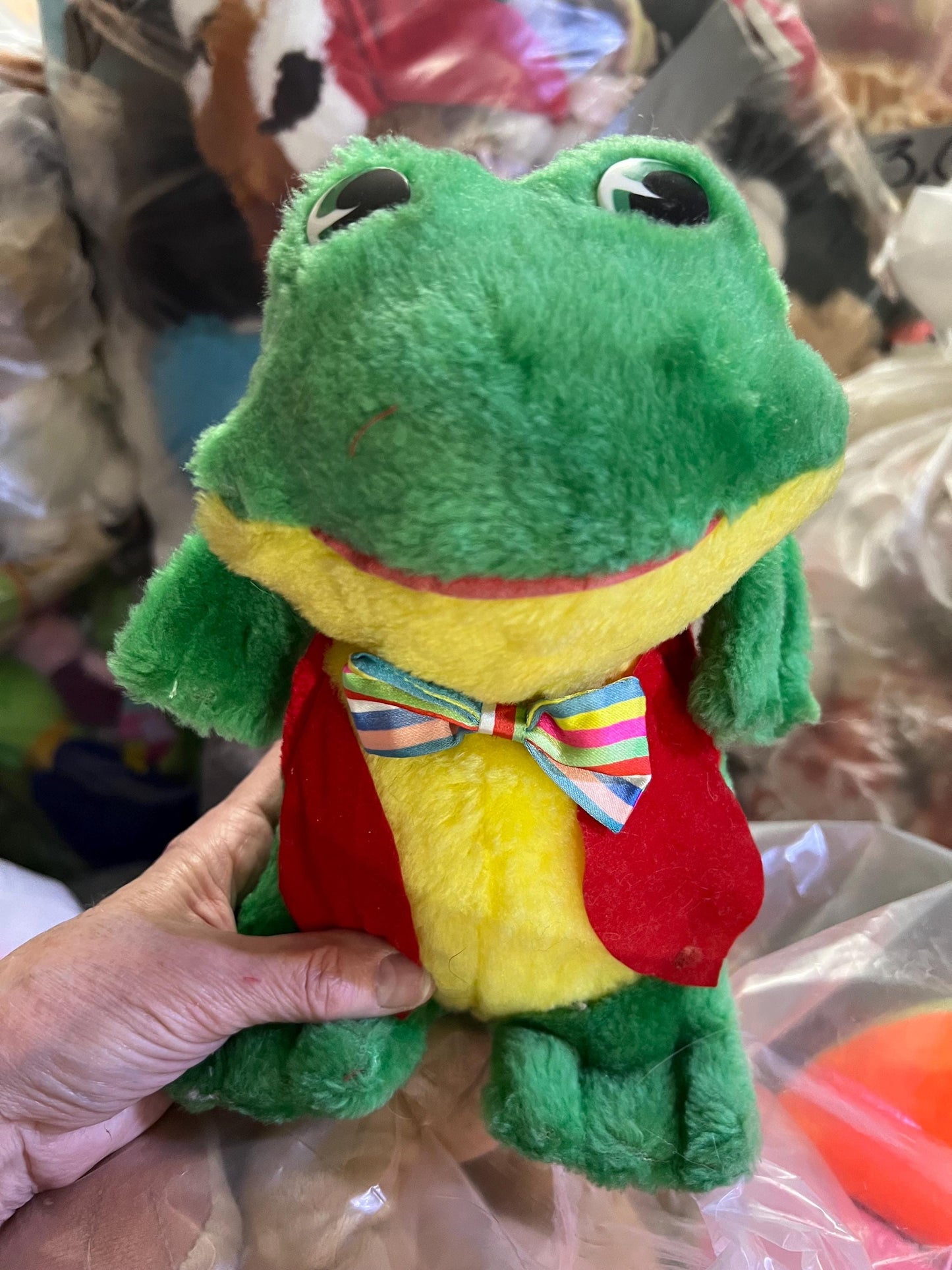 Green Carnival Style Hard Stuffed Dapper Frog Plush With Red Vest And Bow Tie.