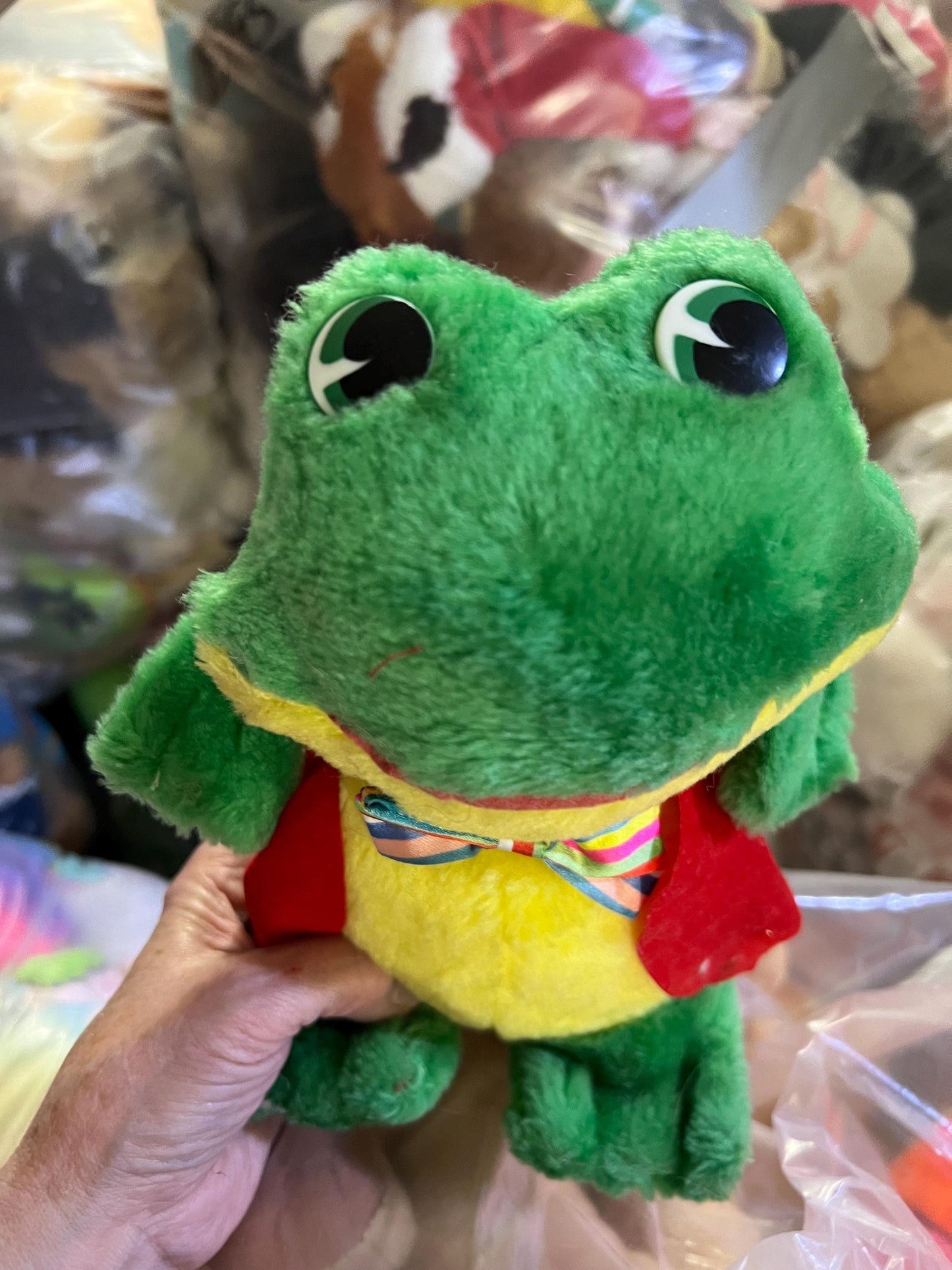 Green Carnival Style Hard Stuffed Dapper Frog Plush With Red Vest And Bow Tie.
