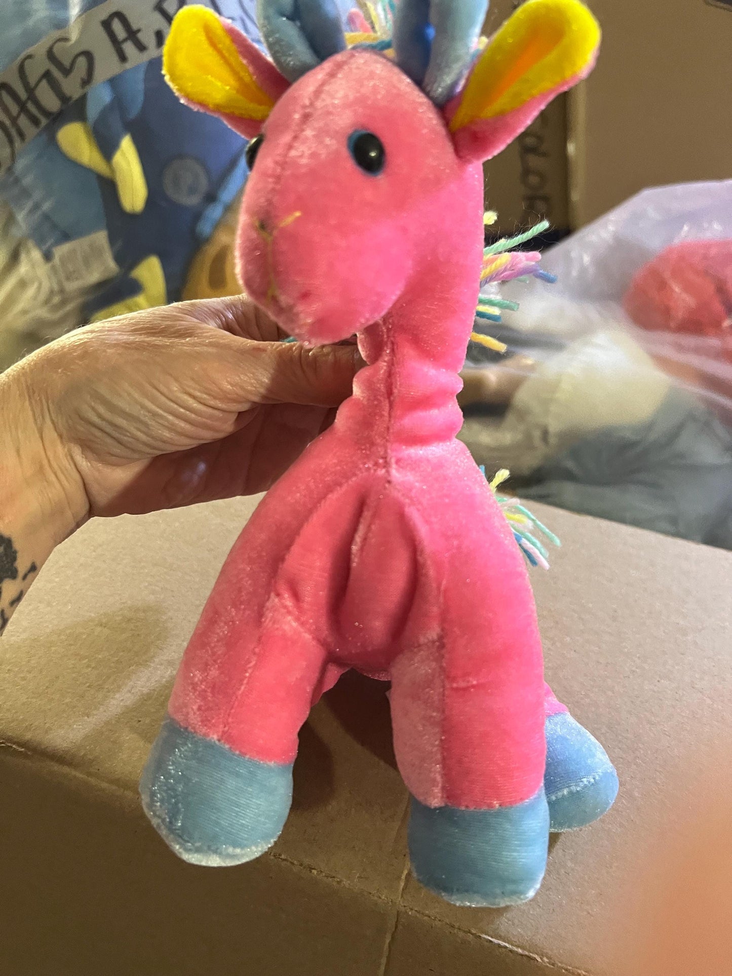 Sugar Loaf Plush Horse, Pink with Rainbow Yarn Hair (8")