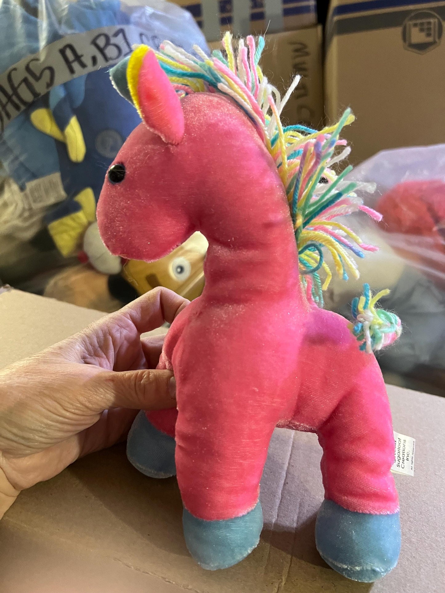 Sugar Loaf Plush Horse, Pink with Rainbow Yarn Hair (8")